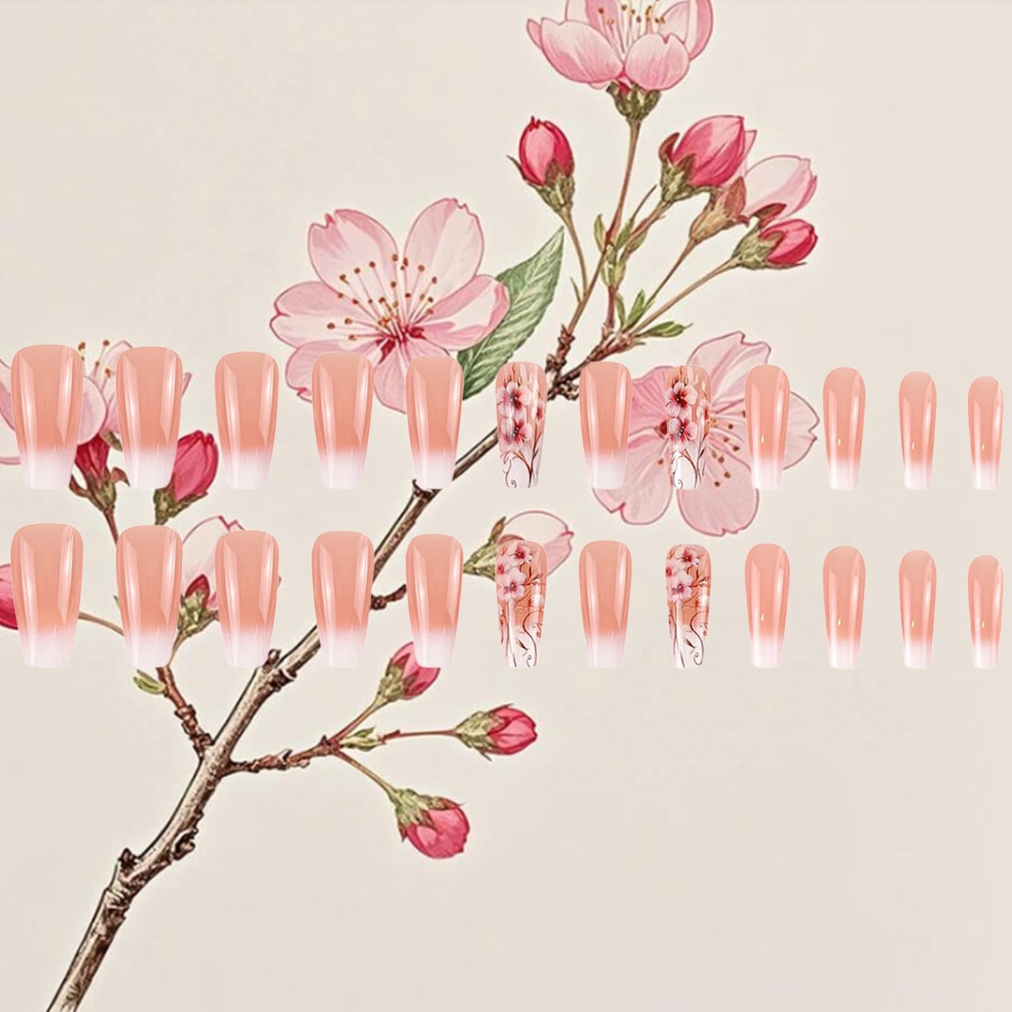 24Pcs Flower Press on Nails White Gradient Acrylic Full Cover Fake Nails Plum Blossom Gel Glue on Fingernails Glossy Pink Ombre Medium Coffin False Nail Curve Stick on Nail for Holiday Manicure Art