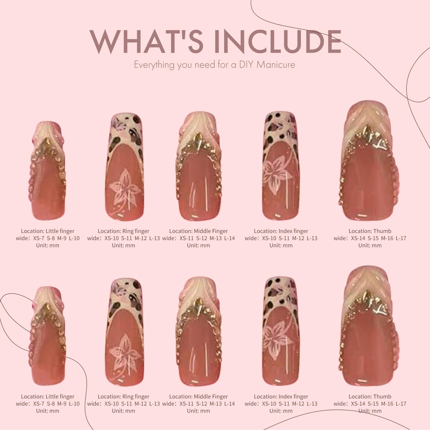 Pinklicious Handmade Pink French Tip Press On Nails, Long Reusable False Nails with Glitter Accent, Floral & Leopard Print Decorative Fake Nails for Women (L)
