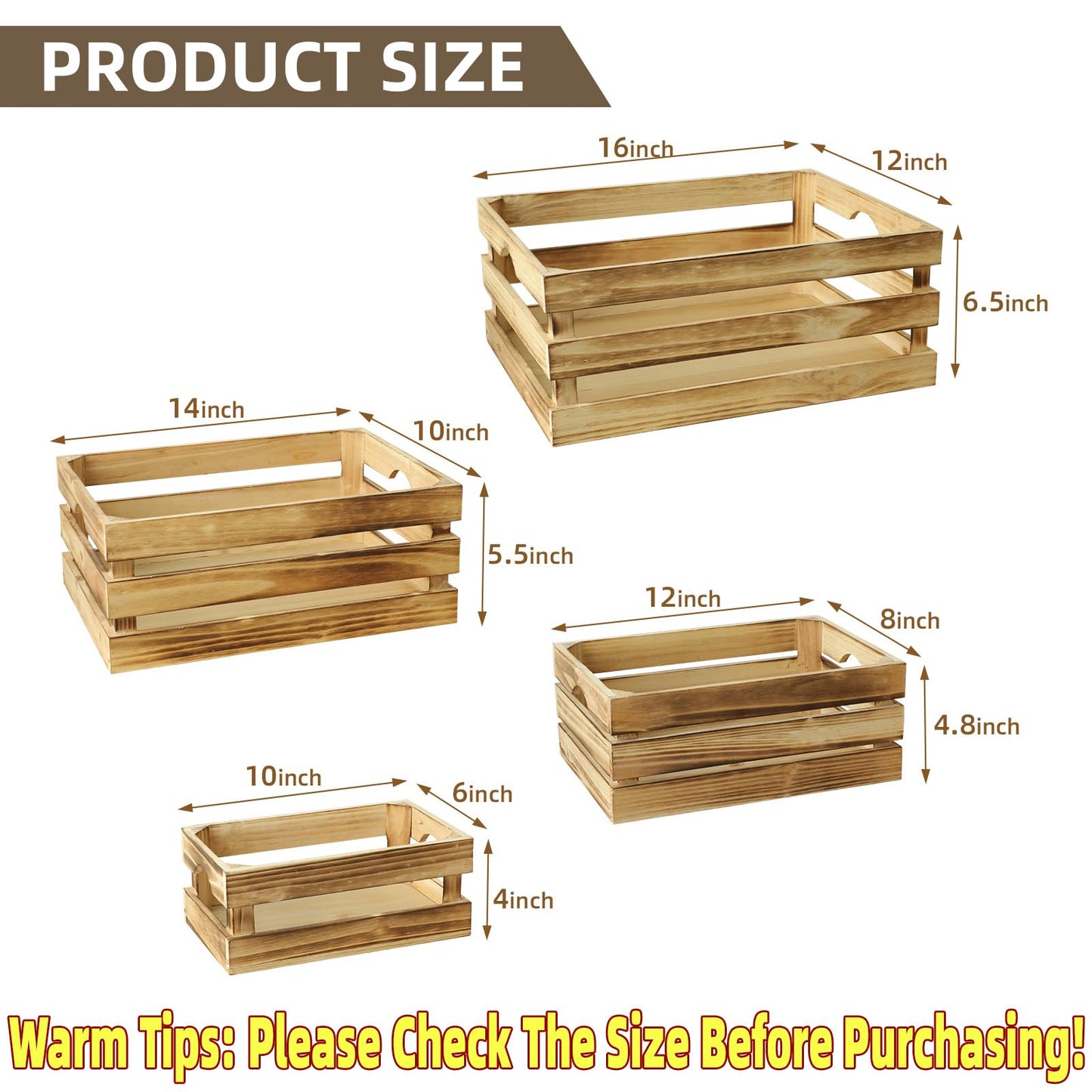 JUMBO HUMBLE Large Torched Wood Storage Crates Decorative, Set of 4 Nesting Wooden Crates for Display Rustic, Farmhouse Wooden Storage Container Boxes Made from 100% Wood