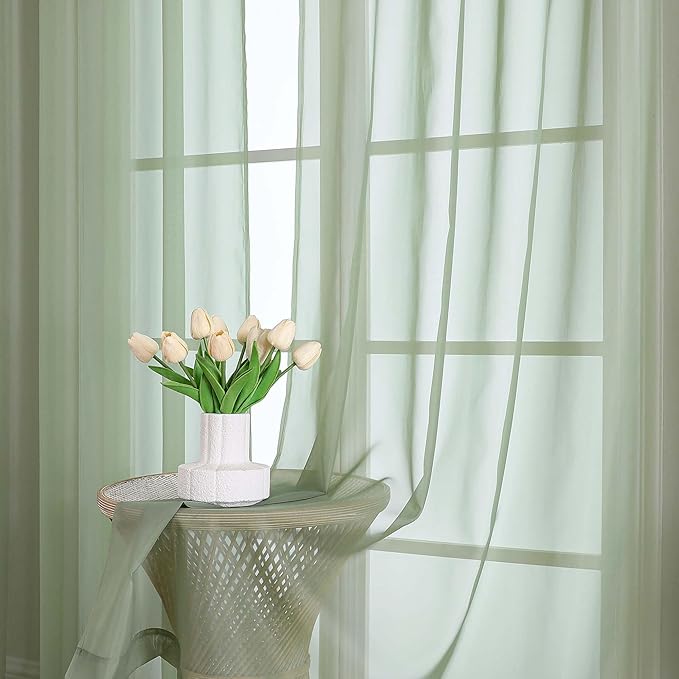 OVZME Sage Green Sheer Curtains 63 Inches Long 2 Panels Set, Light Filtering Sheer Curtains for Living Room Bedroom 59 Inch Extra Wide, Modern Voile Filmy Rod Pocket Window Drapes, 59Wx63L Inches