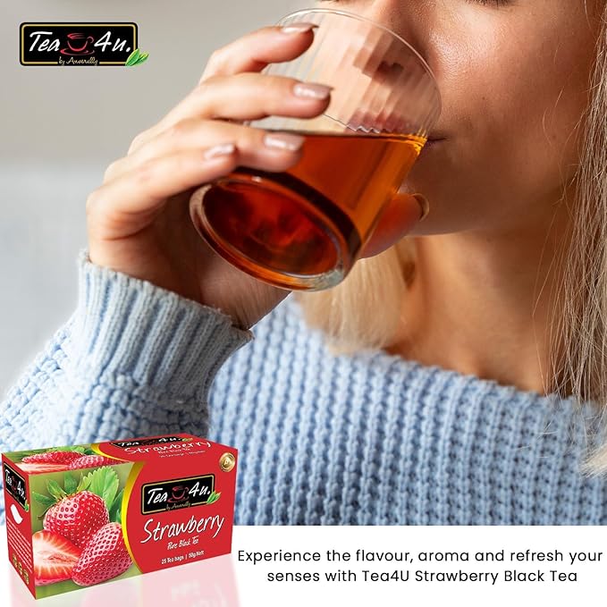 Tea4U Flavored Black Ceylon TeaBags (Strawberry) - Ideal Quality from Sri Lanka's Finest Leaves and Expertly Blended - 25 Count