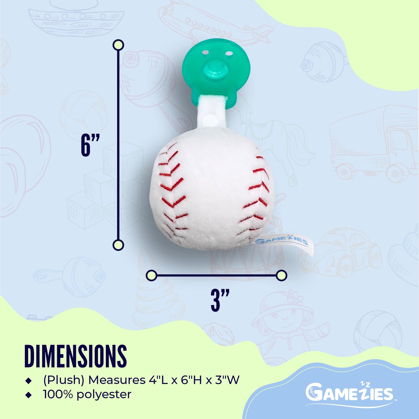Gamezies Baby Boy and Girl Silicone Baseball Plush Pacifier Removable, Washable Plush ToyCPSIA Tested, BPA-Free 0-6 Months