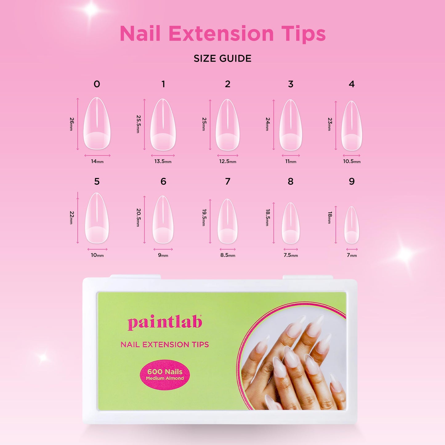 PaintLab Nail Extension Tips, Medium Almond Shape, Lightweight and Durable False Nail Tips for Professional and Home Use, 600-Piece Set