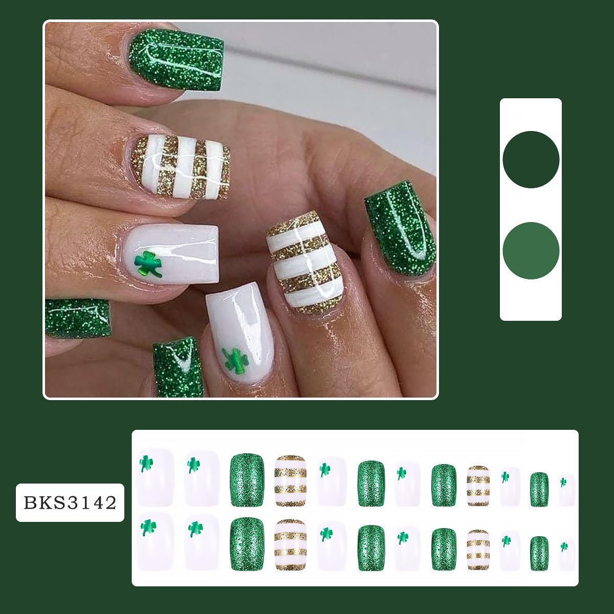 24Pcs St. Patrick's Day Press on Nails Short Square Fake Nails Gold Glitter Line Design Green Shamrock False Nails White Full Cover Artificial Glue on Nails Irish Stick on Nails for Women DIY Manicure