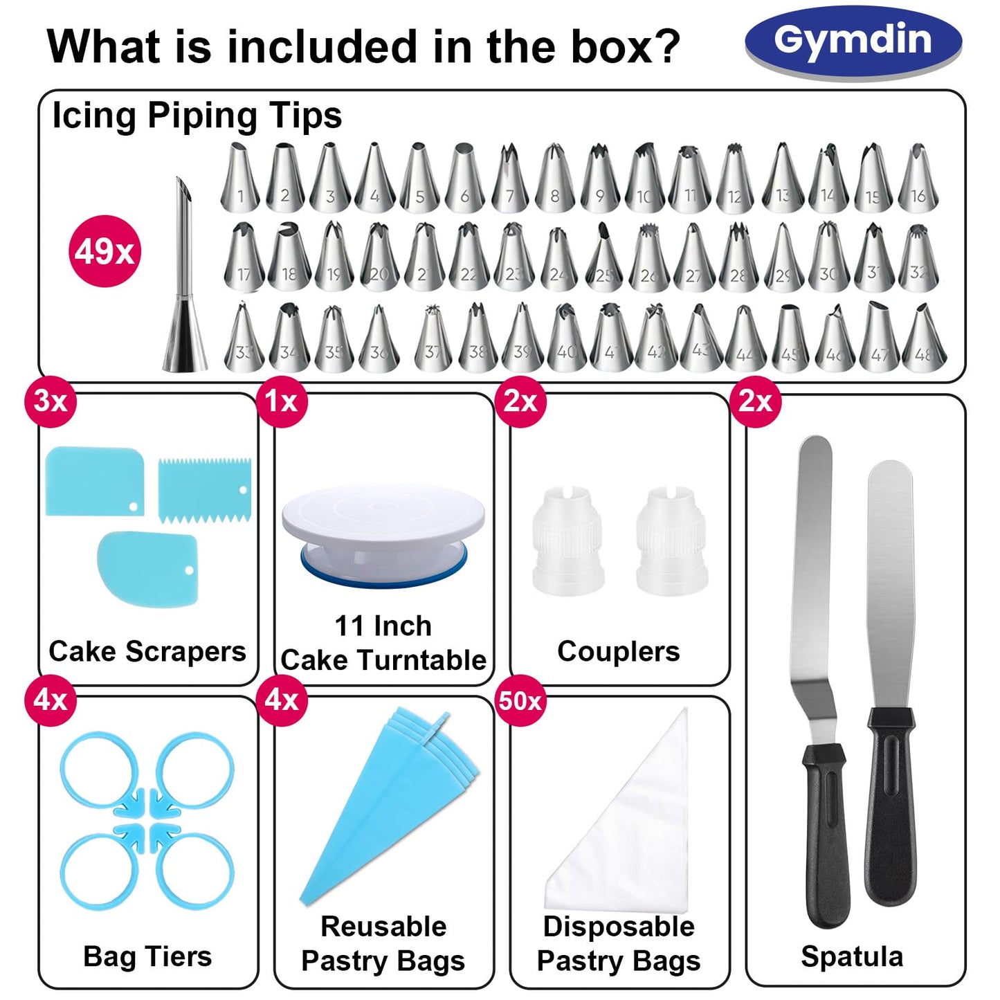 Gymdin 222 PCS Cake Decorating Kit - Includes Cake Turntable, Leveler, Piping Bags and Tips Set, 2 Frosting Spatulas, 3 Scrapers, 100 Cupcake Liners, Booklet and more Decorating Supplies