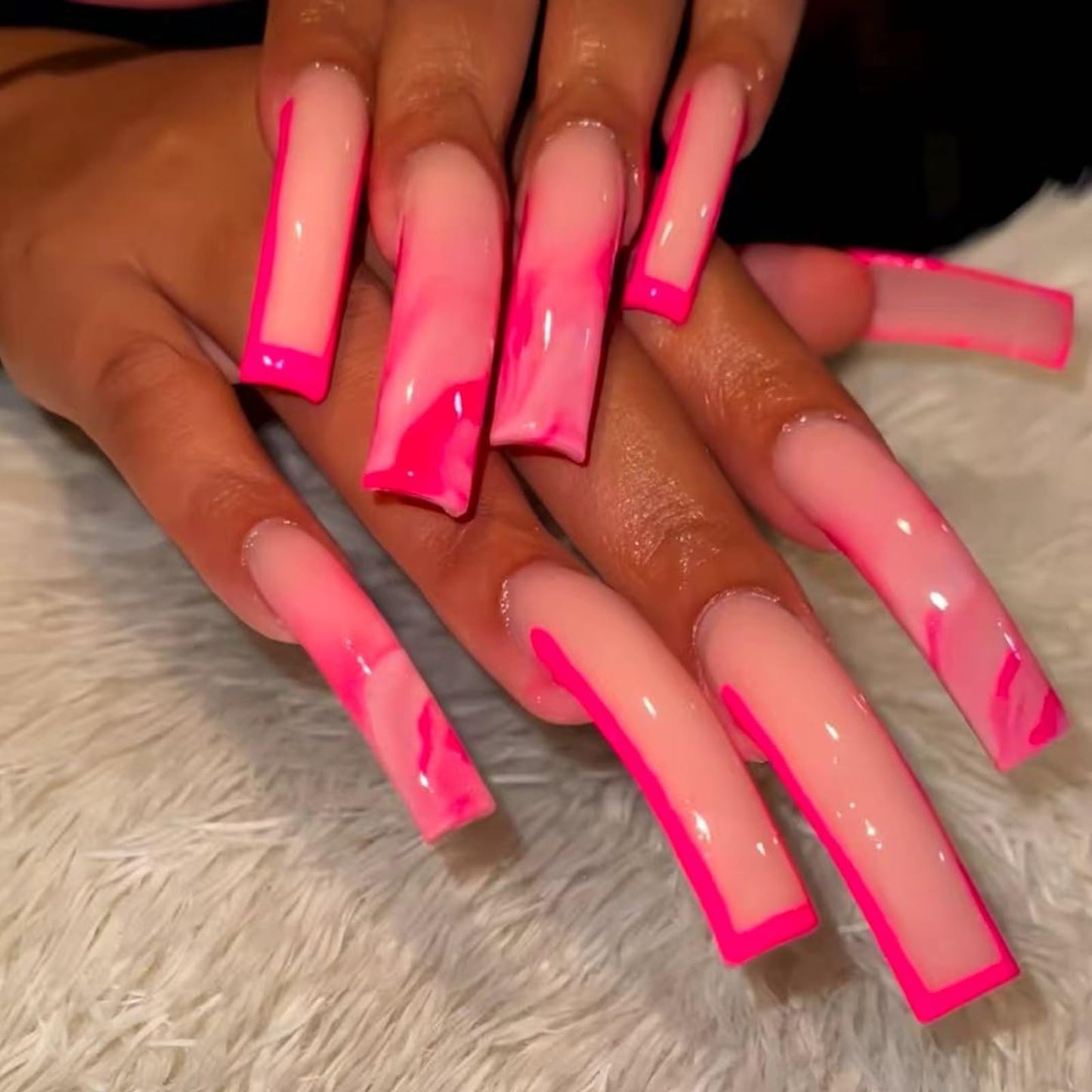 IMSOHOT Curved Press on Nails Pink French Tips Fake Nails Extra Long Glue on Nails Full Cover Glossy Acrylic False Nails for Women 20Pcs