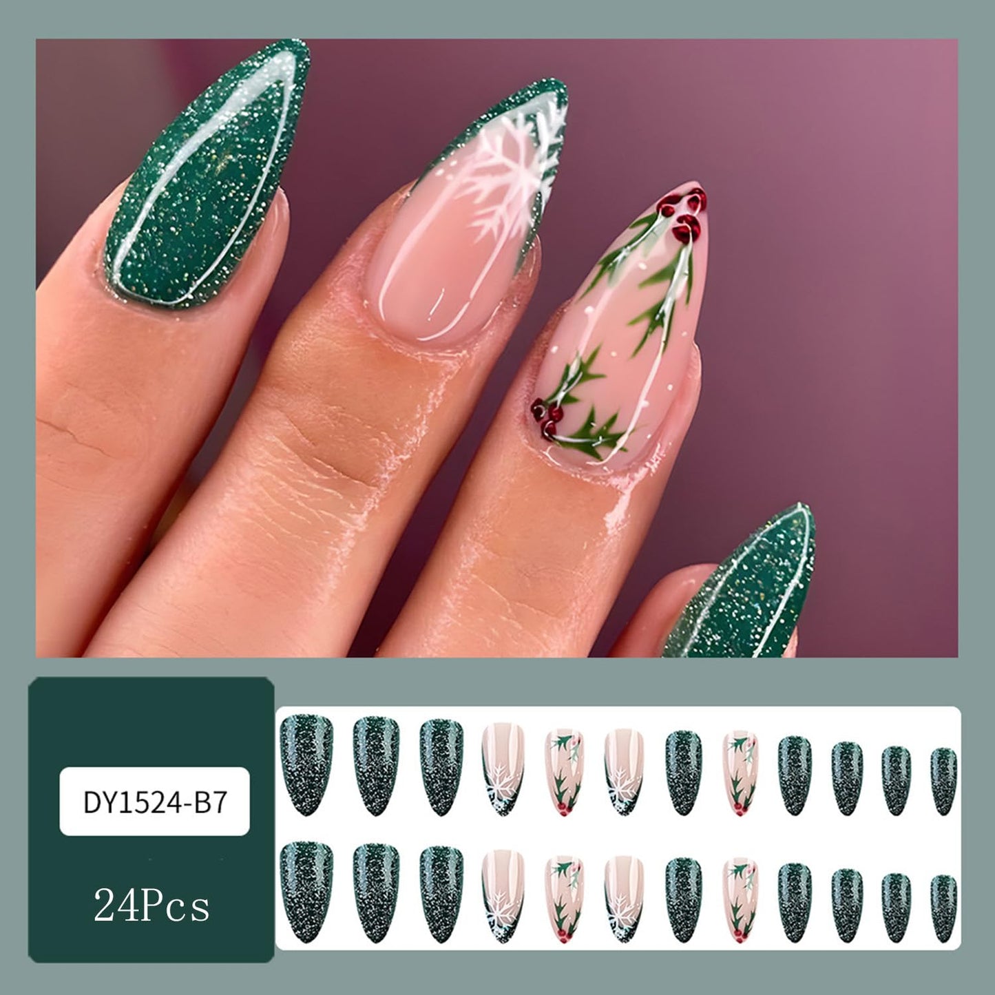 24Pcs Christmas Green Press on Nails Stiletto Almond Fake Nails Snowflake Designs Christmas False Nails Cute Flower Gradient Stick on Nails Full Glitter Glue on Nail for Women Manicure Art