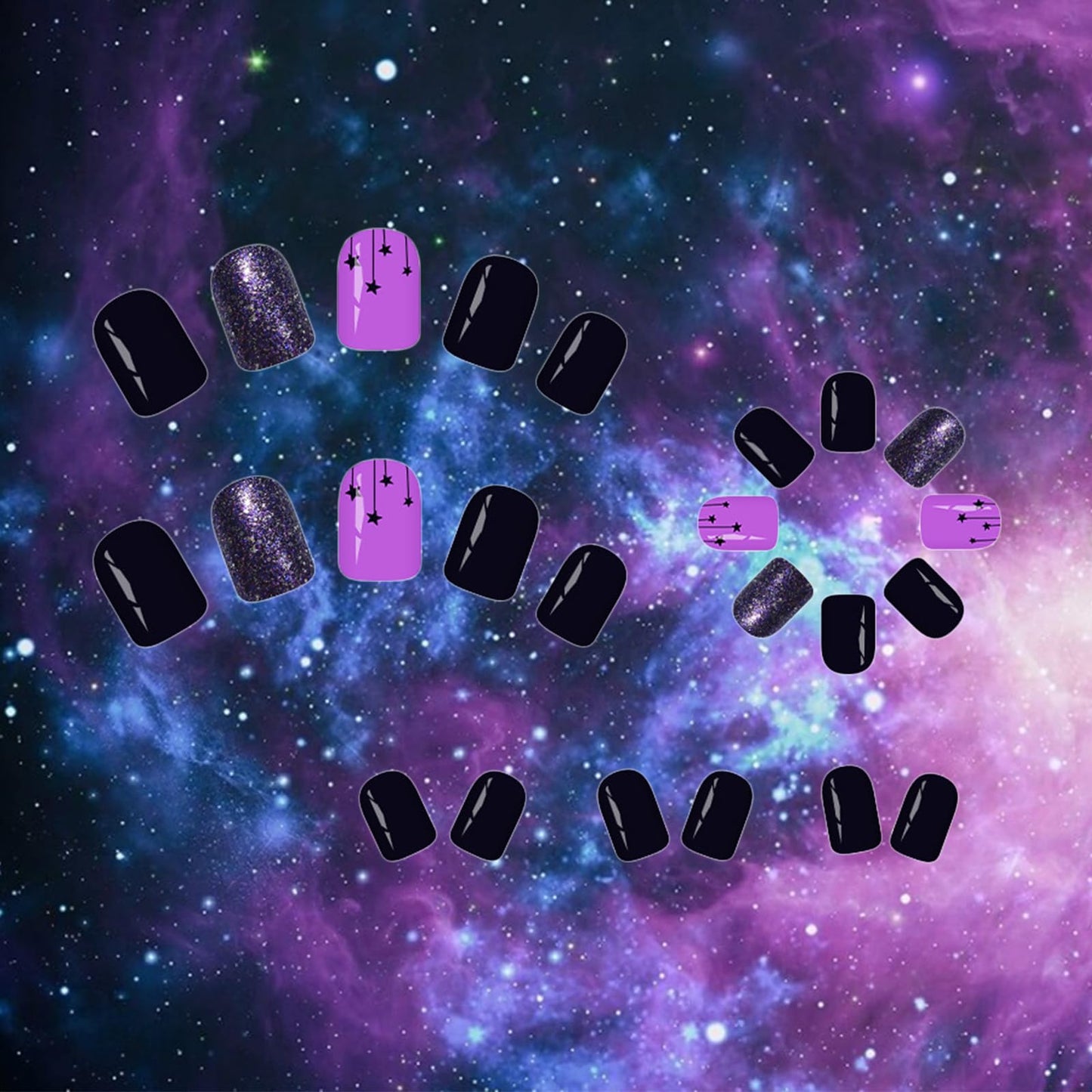 24 Pcs Stars Press on Nails HZJXRT Short Square Fake Nails Glossy Purple Glitter Acrylic False Nail Starry Sky Stick on Nail Clean Glue on Artificial Fingernails for Coquette Women Gift