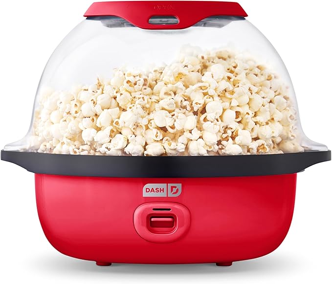 Dash SmartStore Deluxe Stirring Popcorn Maker - Hot Oil Electric Popcorn Popper with Butter-Warming Tray, Clear Serving Bowl, Storage Lid & Measuring Cup - 24 Cups, Red