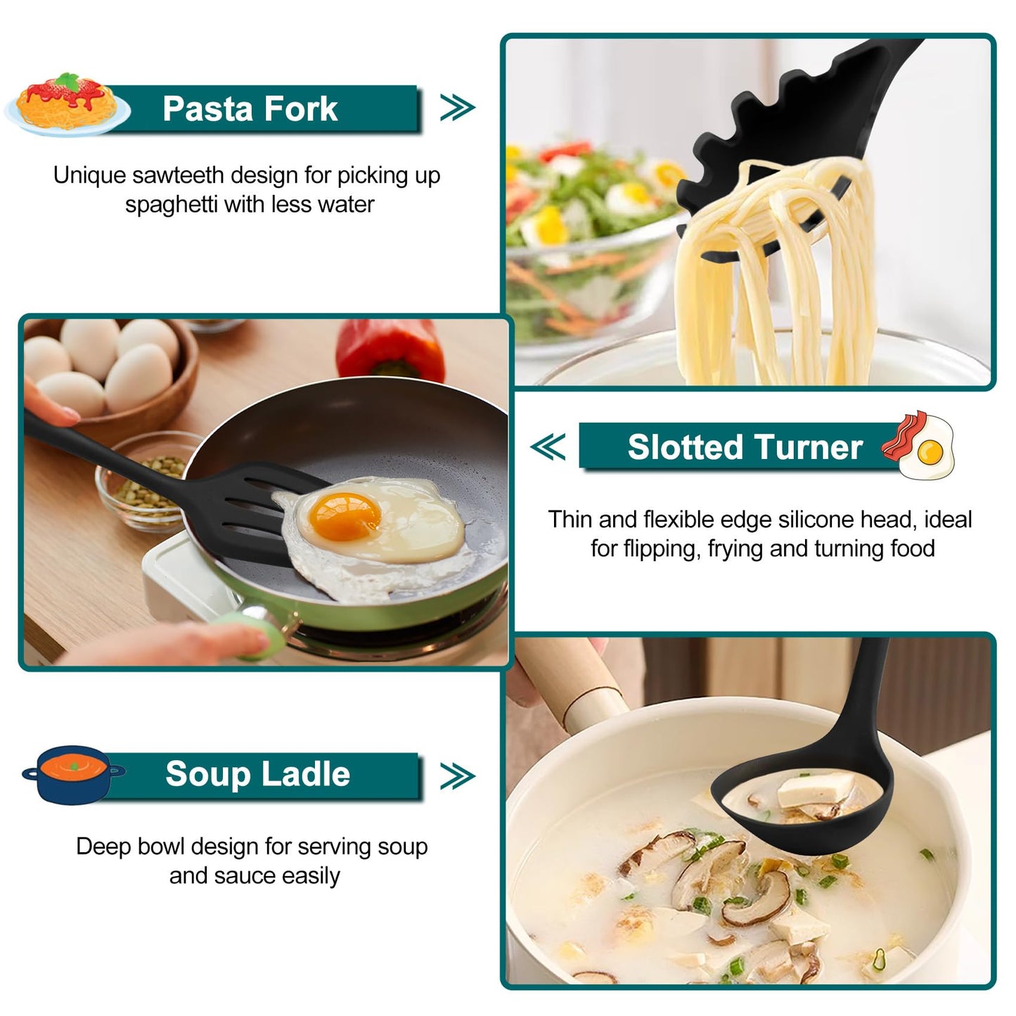 TeamFar Silicone Cooking Utensil Set of 7, Black Kitchen Nonstick Tools Turner Spoon Spatula Ladle Pasta Server for Nonstick Cookware, Healthy & One-Piece, Anti-Heat & Dishwasher Safe