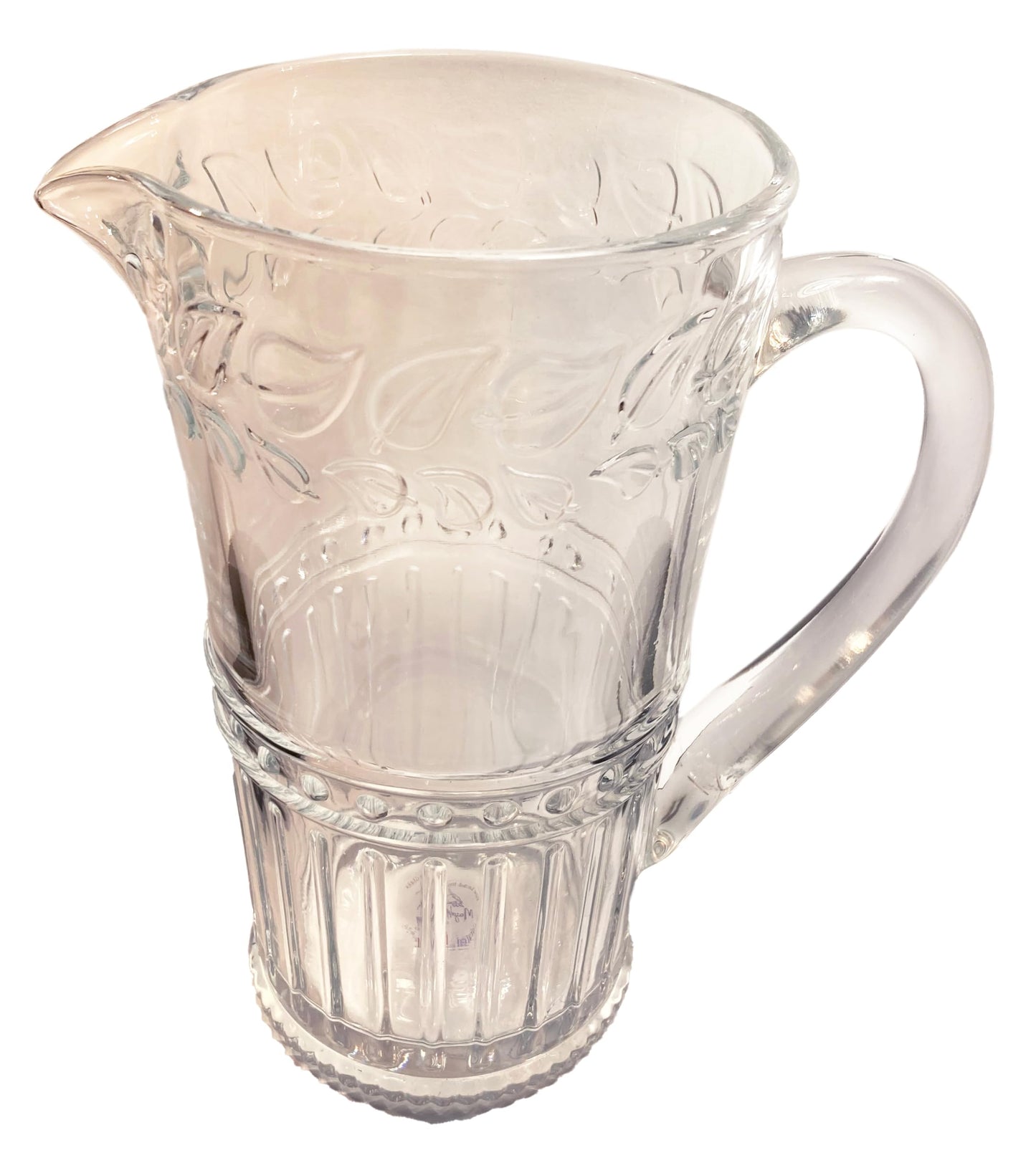 Vintage Style Glass Pitcher, 34 oz, Embossed Deco Pattern, Clear