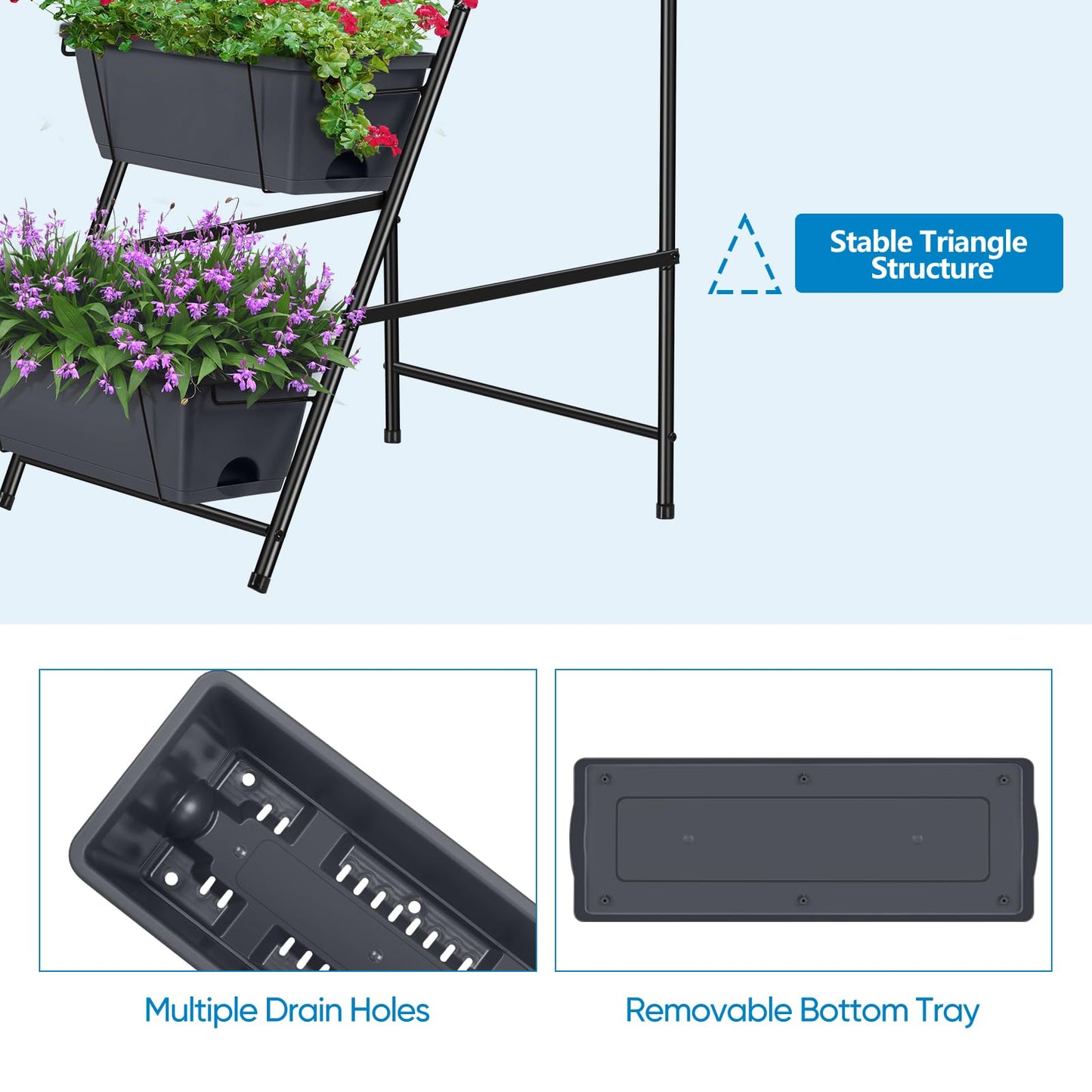 Raised Garden Bed 5 Tier Vertical Planter Standing Herb Garden Elevated Box With Drainage Holes Tall Planters for Outdoor Plants Vegetables Flowers Grey