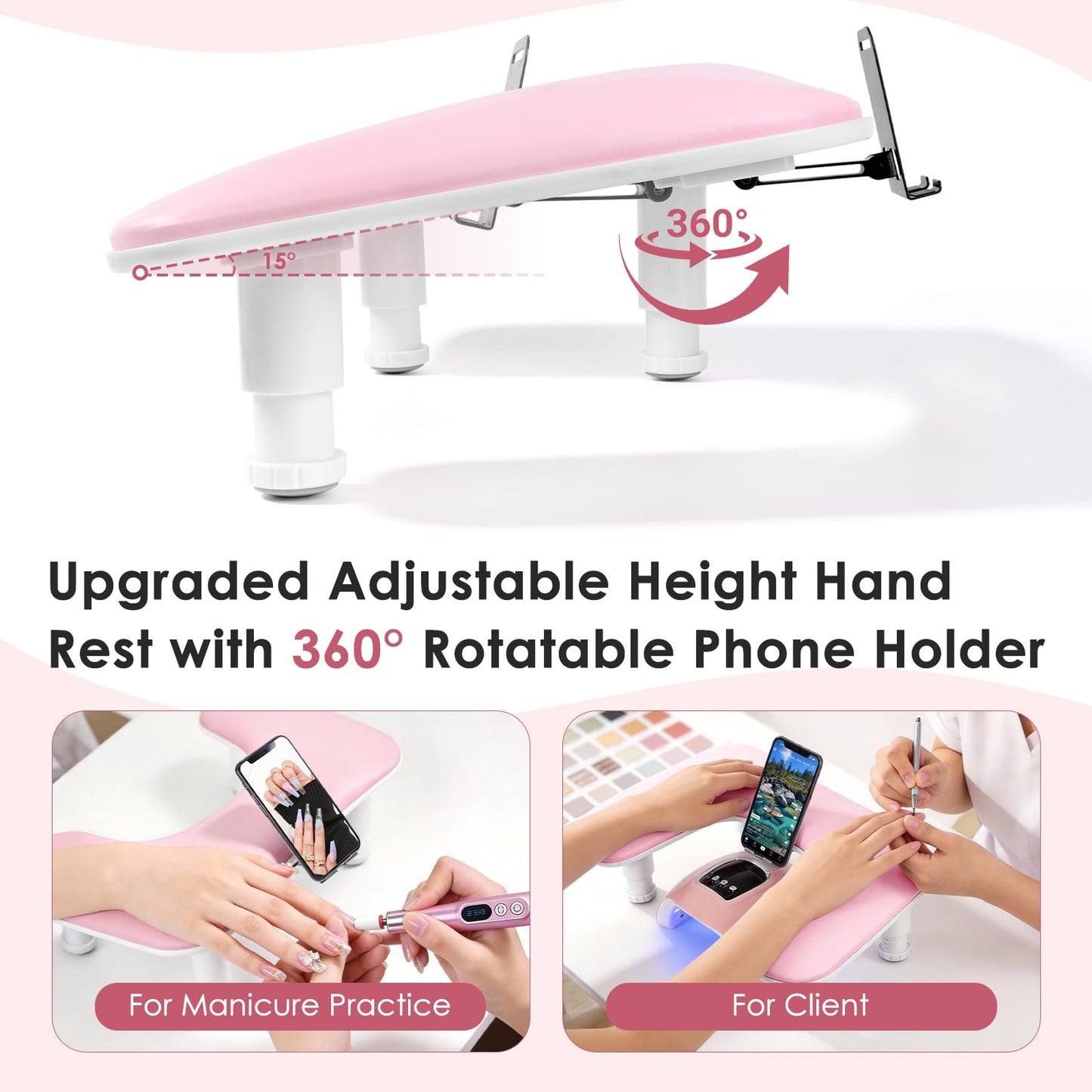 LIONVISON Arm Rest for Nails Tech: U Shaped Adjustable Height Ergonomic Nail Hand Rest Stand PU Leather with Rotating Phone Holder for Nail Salon Manicurist (Pink)