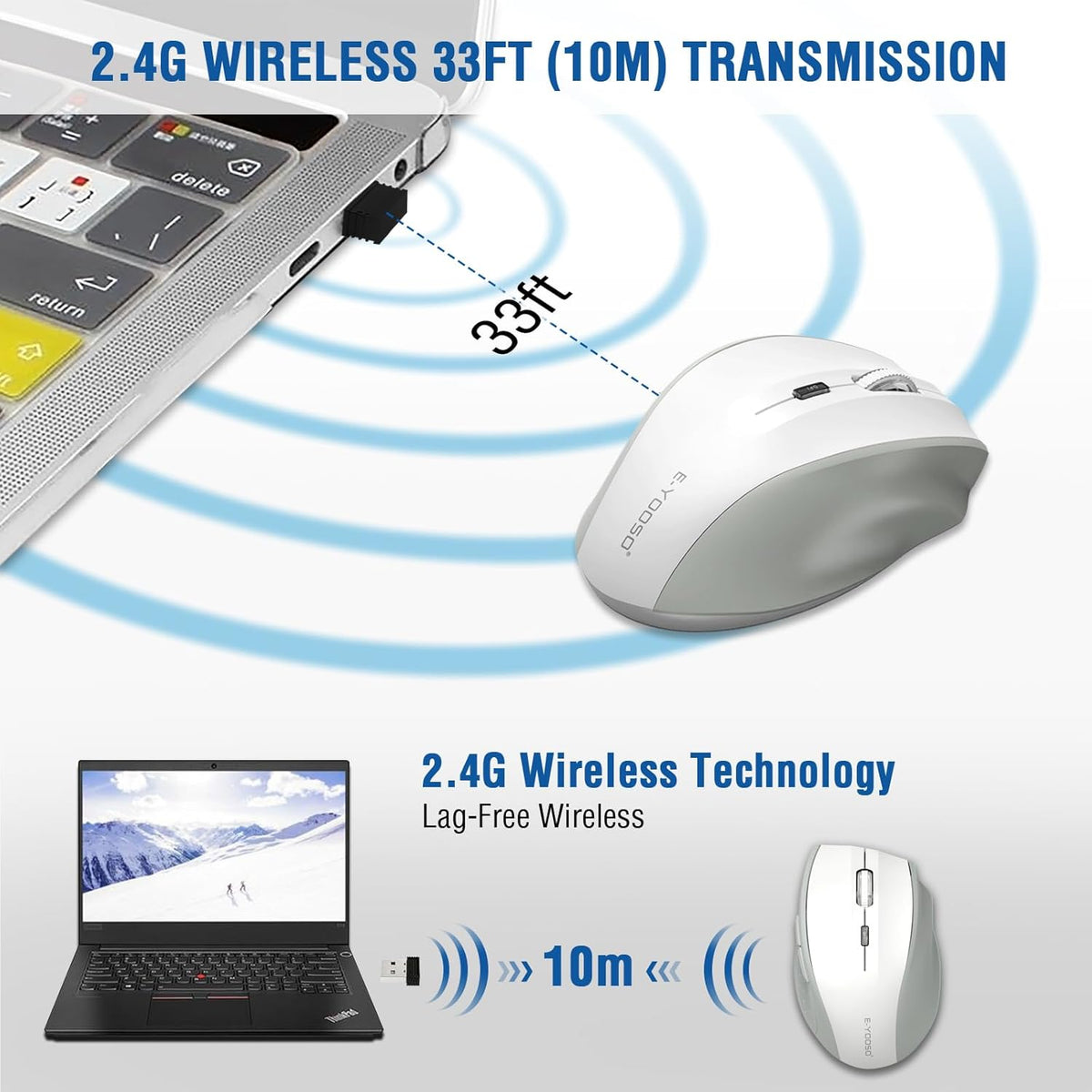 E-YOOSO Wireless Mouse for Laptop, Portable Optical Computer Mouse, 6 Buttons, Cordless 2.4GHz with USB Receiver, 5-Level 4800 DPI, 18 Months Battery Life, for PC, Chromebook, Windows, Mac(White Gray)