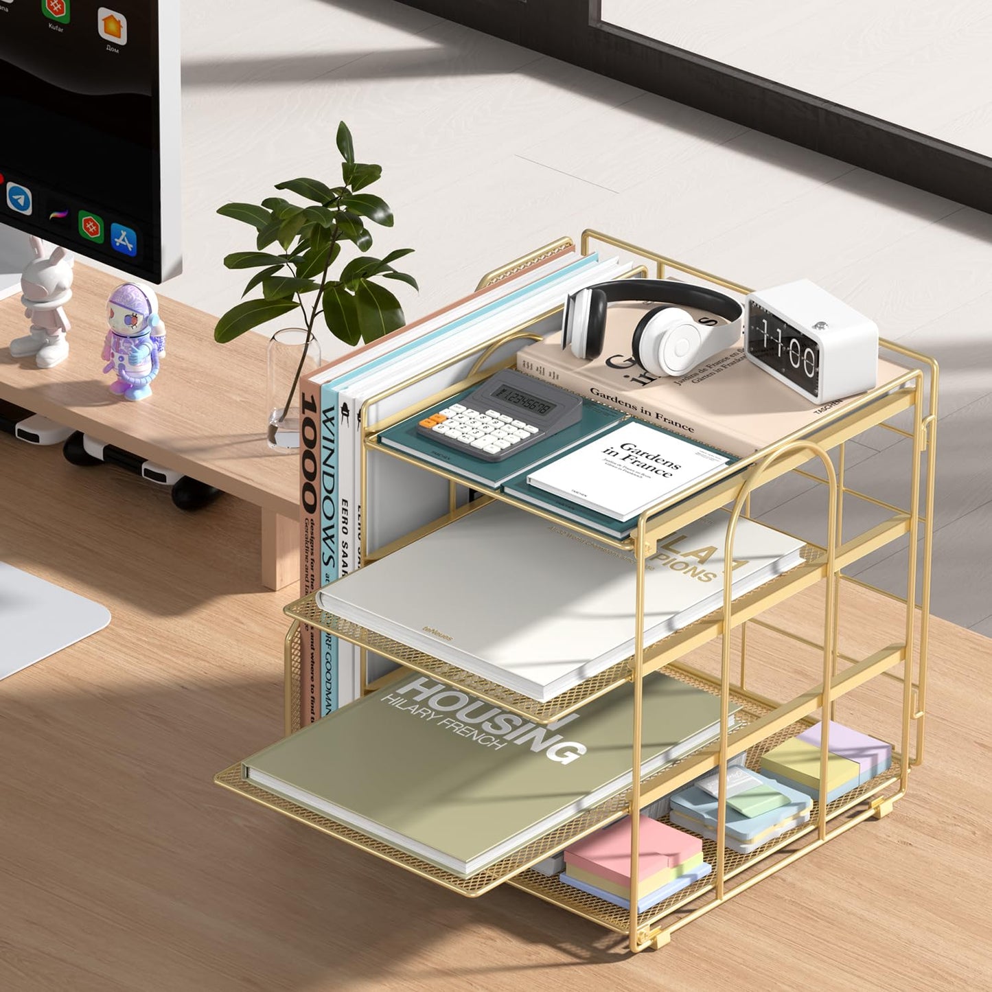 Becomrock Gold Desk Organizer, 4-Tier Metal Paper Organizer for Desk with Vertical File Holder, Office Accessories and Desktop Storage for Office Supplies (Gold)