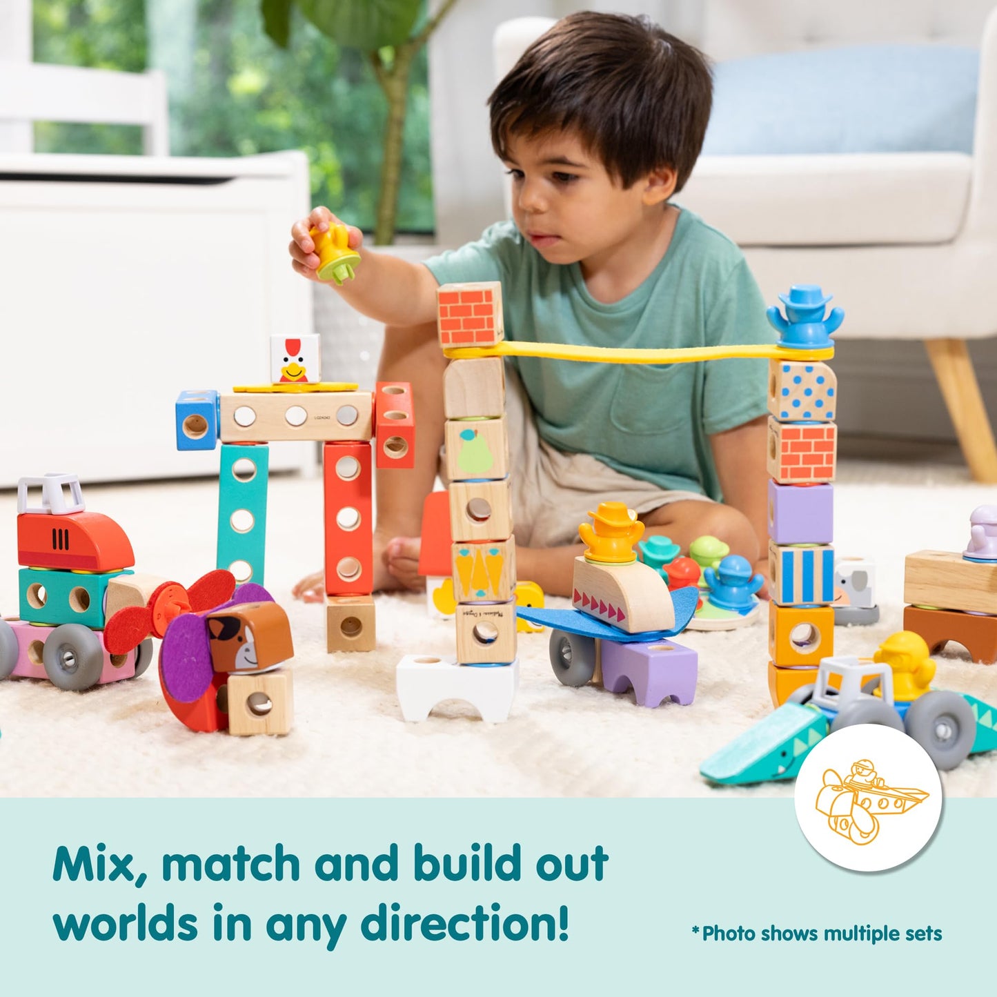 Melissa & Doug Blockables™ Farm Snap and Play, Mix and Match Connectable Wooden Building Blocks Play Set Toy for Preschool Boys and Girls (56 Pcs)