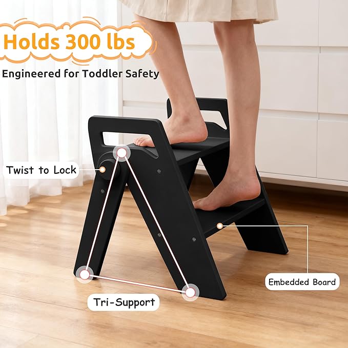 Wooden 2 Step Stool for Kids Bathroom Foldable 2-Step for Toilet Potty Training, Child Stepping Stool for Kitchen Nursery Bedroom