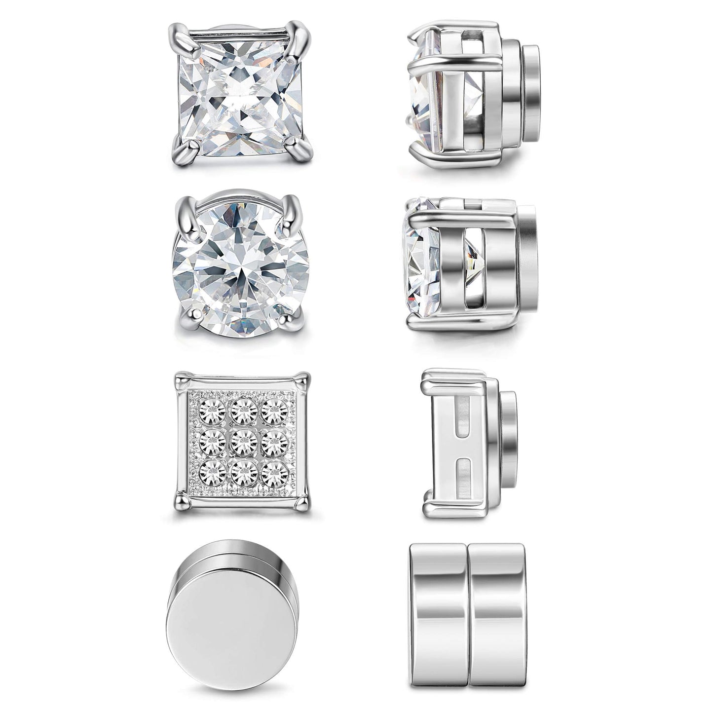 Jstyle 4 Pairs Stainless Steel Magnetic Stud Earrings for Men Women Silver Tone CZ Non-Piercing Clip On Stud Earrings Set 6-8MM