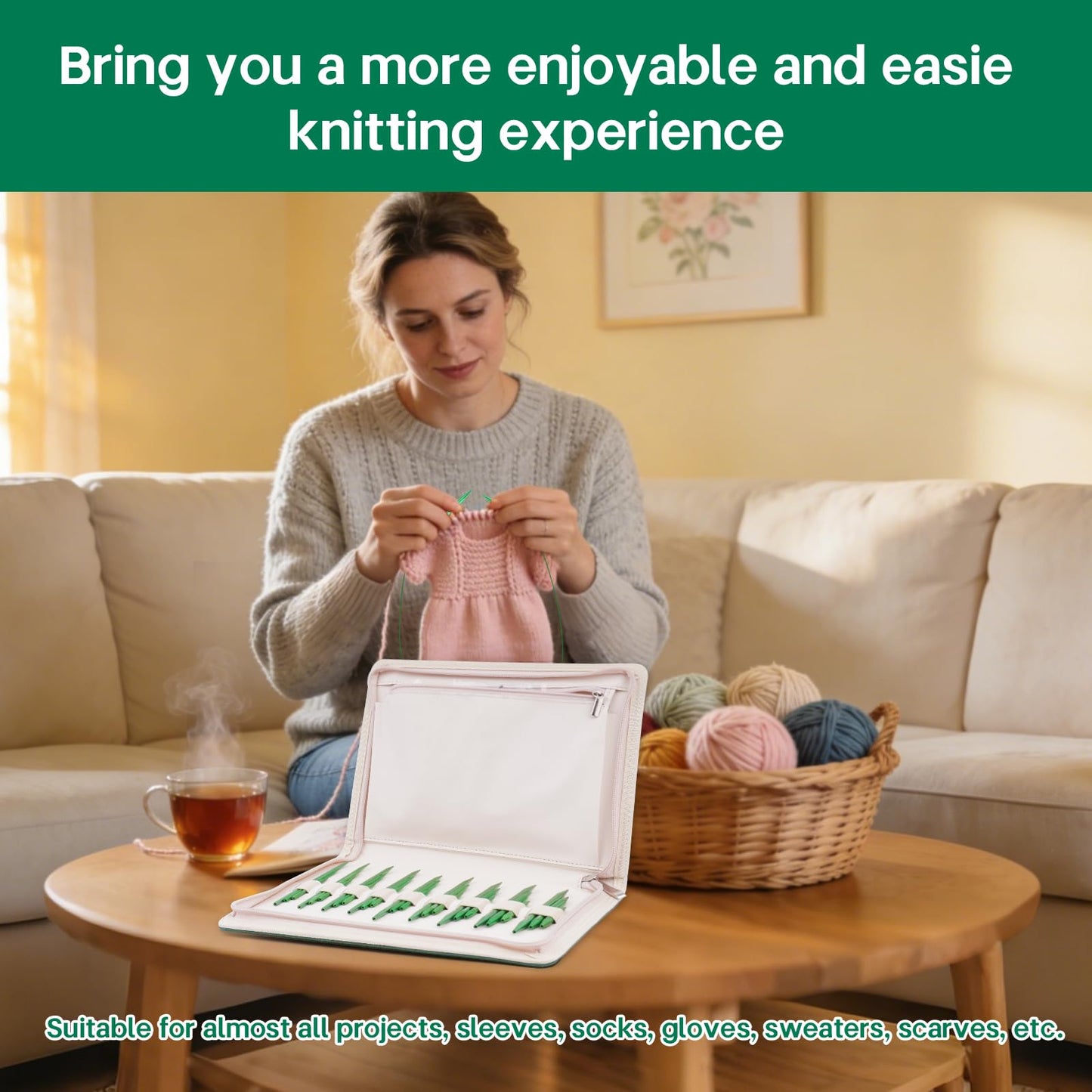 WAZAIGUR Knitting Needles Set, Three Lengths Interchangeable Circular Knitting Needles Set - Sizes 3.0mm, 3.25mm, 3.5mm, 3.75mm, 4.0mm, 4.5mm, 5.0mm, 5.5mm, 6.0mm, 5 Cables, 9 Pairs, Green