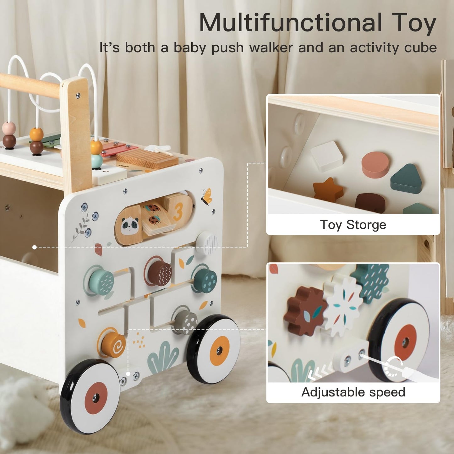 PTINFLUCE Wooden Baby Walker, Activity Cube Push Walker for Boys and Girls, Toddler Montessori Learning to Walk Toy with Adjustable Speed
