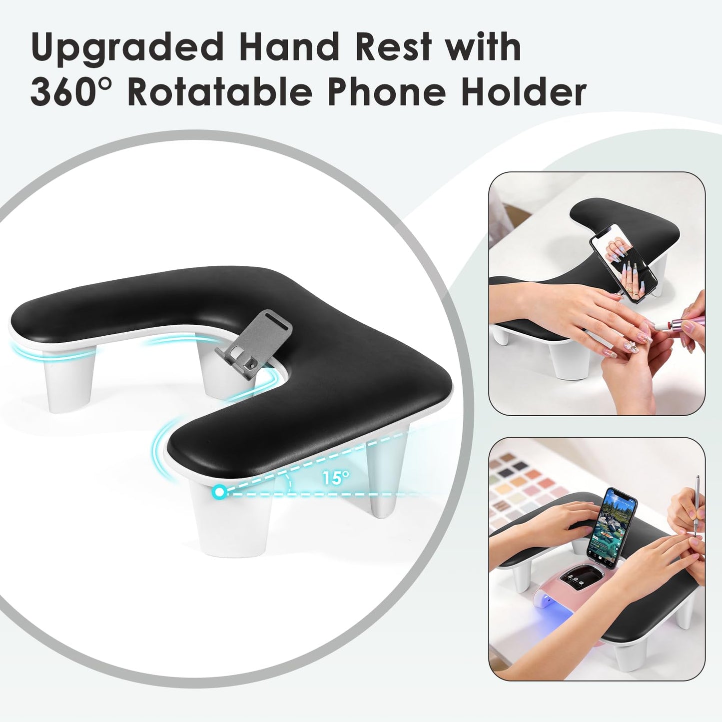 LIONVISON Arm Rest for Nails Tech: U Shaped Ergonomic Nail Hand Rest Stand PU Leather with Rotating Phone Holder for Nail Salon Manicurist (Black)
