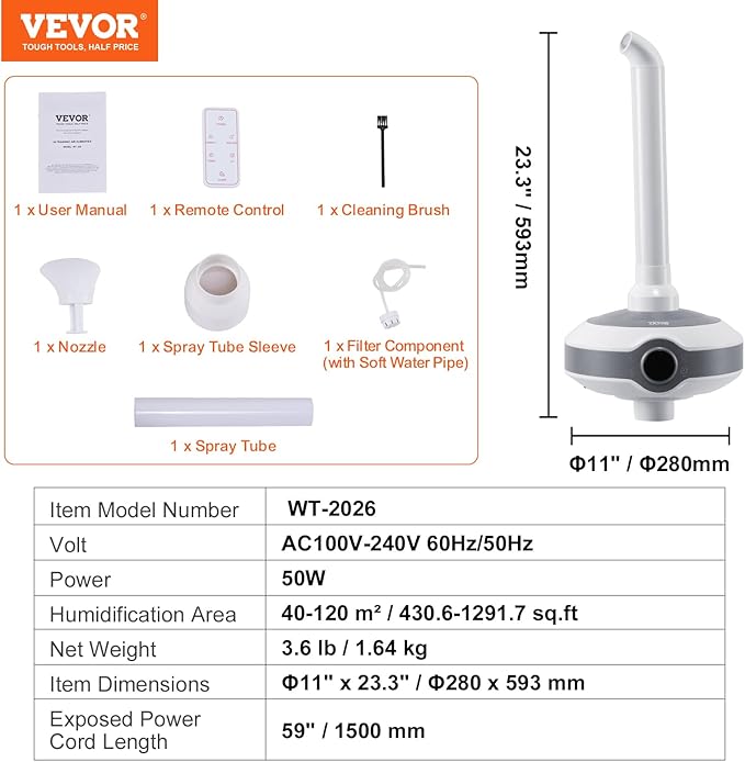 VEVOR Humidifier for Large Room 1291.7 sq ft, Industrial Commercial Humidifier 560ml/h Output, Auto Shut-Off Ultrasonic Cool Mist Humidifiers for Home Greenhouse Indoor Planting Warehouse Office