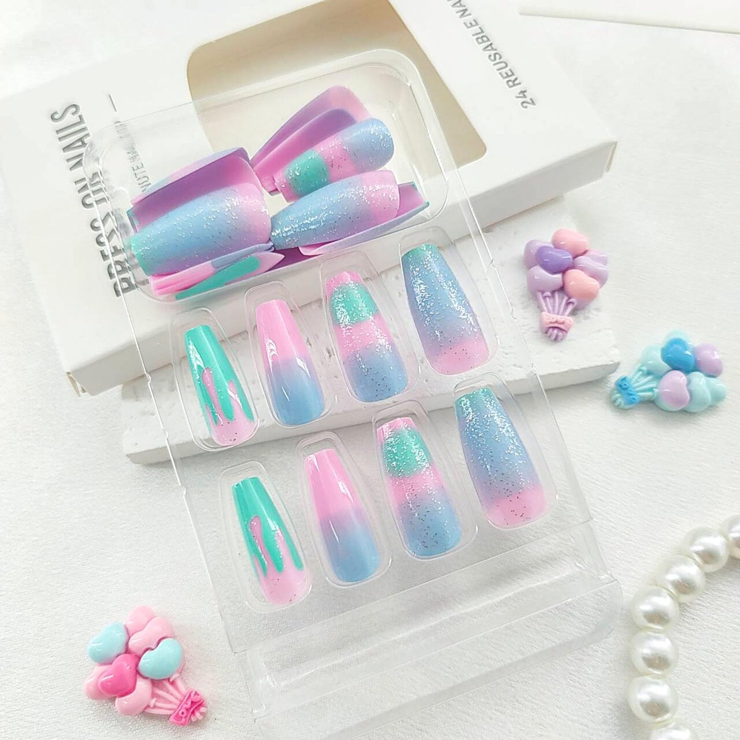 STADWWK Coffin Press On Nails Medium, 24pcs, Plastic, Glossy, Blue Pink, Silver Glitter Gradient Designs, Art Deco, Quick To Put On, Full Well Tips, False Nails