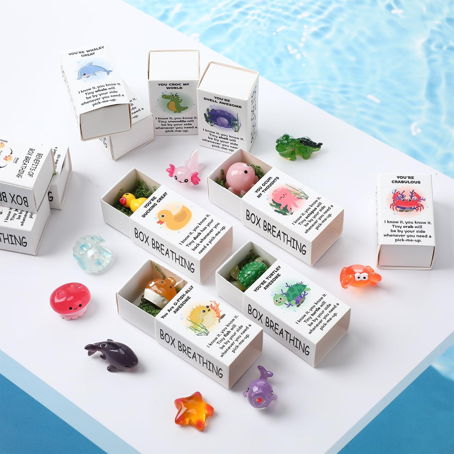 Halloscume 60 Sets Employee Appreciation Gift Box Bulk Mini Resin Sea Ocean Animals Breathing Gift Bulk Emotional Support Positive Box for Staff Coworkers Team Mental Health Care