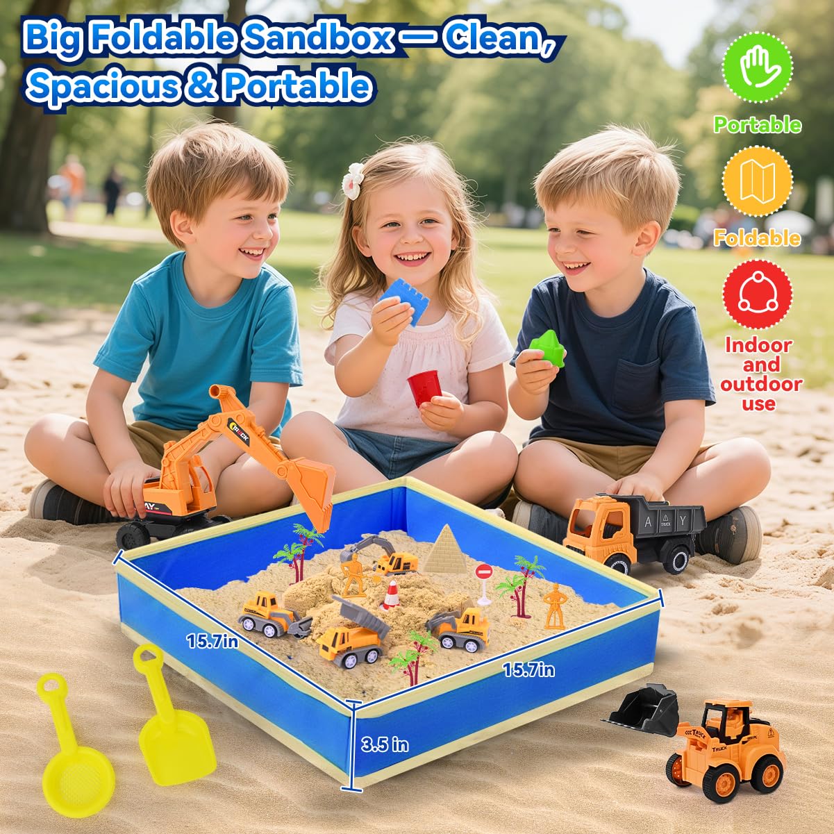 Sensory Beach Toys for Toddlers - 44PCS Sand Construction Kit with 8 Trucks, Foldable Sandbox, 2.7lbs Magic Sand, Crane, Signs, Molds, Shovel – Outoor Toys for Boys & Girls Ages 3+