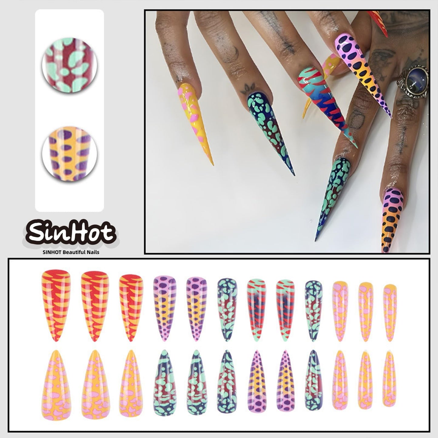 SINHOT Stiletto Press on Nails - Long Fake Nails, Glossy Finish, Colorful Ombre & Abstract Graffiti, DIY Artificial False Nail Art - 24 Pcs Nail Kit with Glue