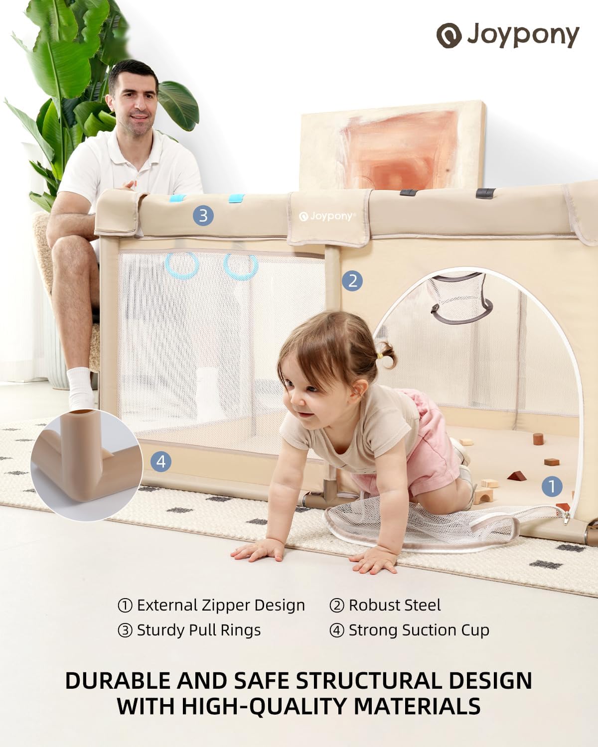 Joypony Baby Playpen, 50x50 in Small Play Pen for Babies and Toddlers, Playpen for Kids with Gate, Indoors Play Yard with Soft Breathable Mesh (Beige)