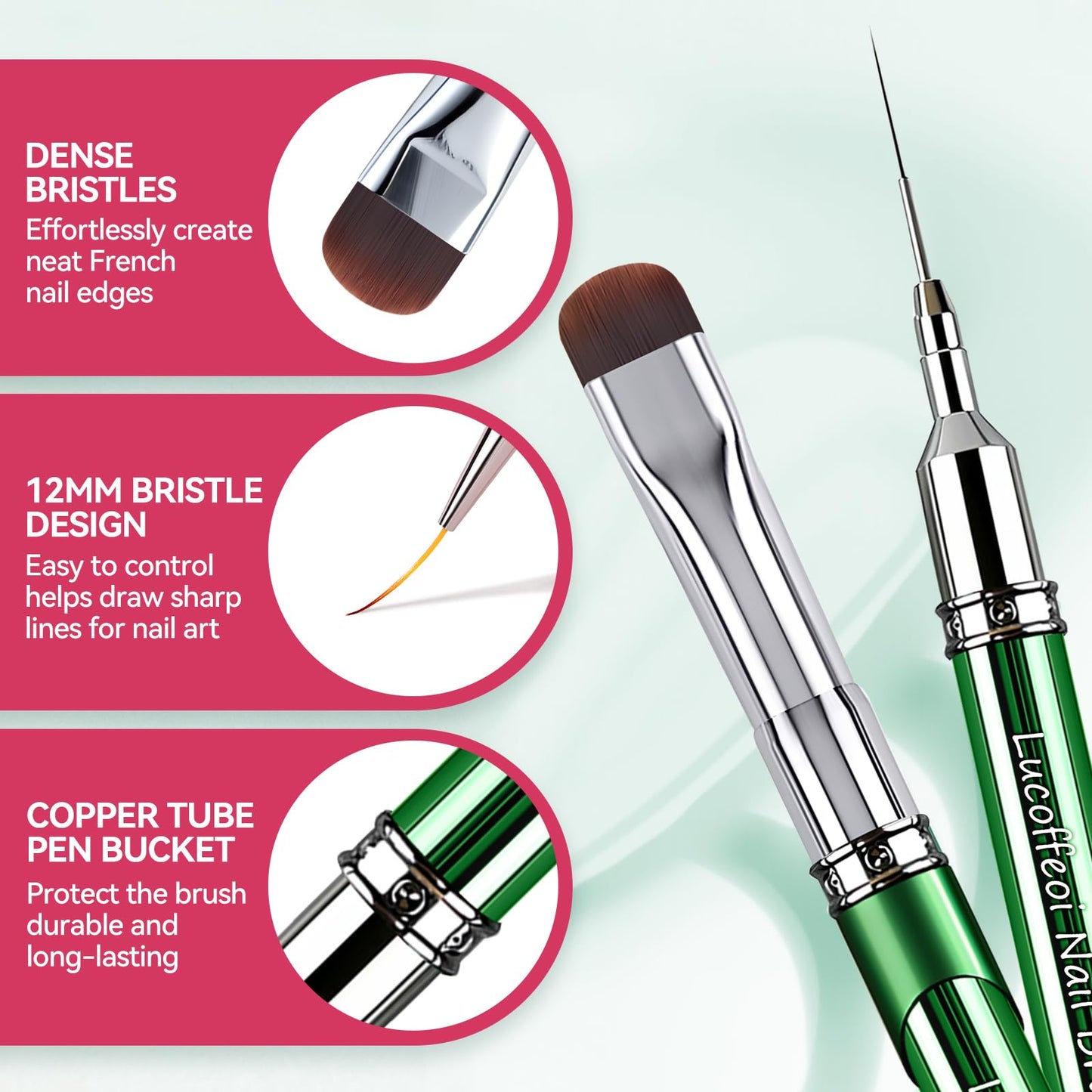 Nail Art Brushes Set 2-Piece: French Tip Brush and 12mm Liner Brush for Gel Clean Up, Smile Lines & Nail Design (Green)