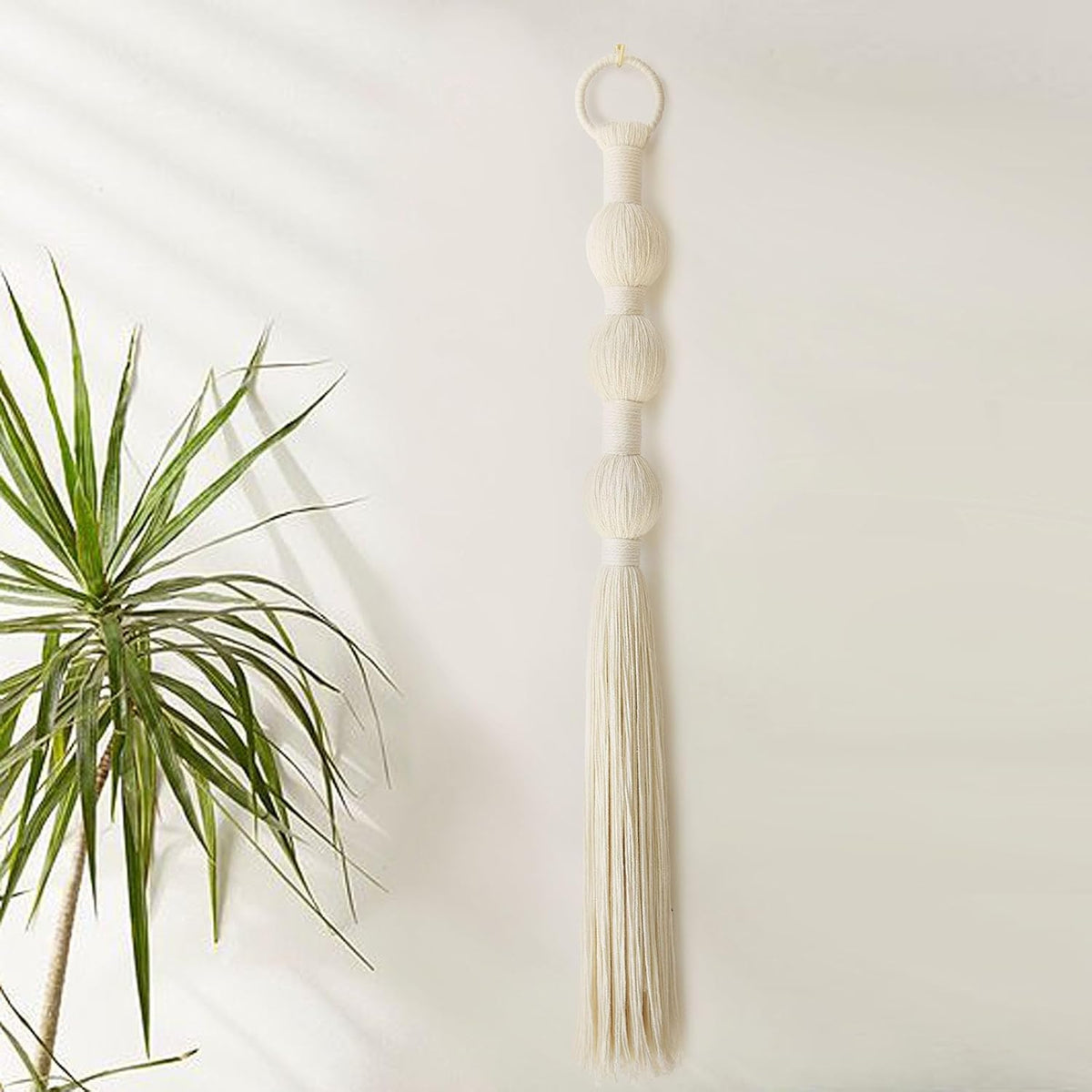 Macrame Wall Hanging Small Sphericity Cotton Textile Tassel Wall Hanging Fiber Yarn Art for Living Room Bedroom 27'' L x 2.3'' W