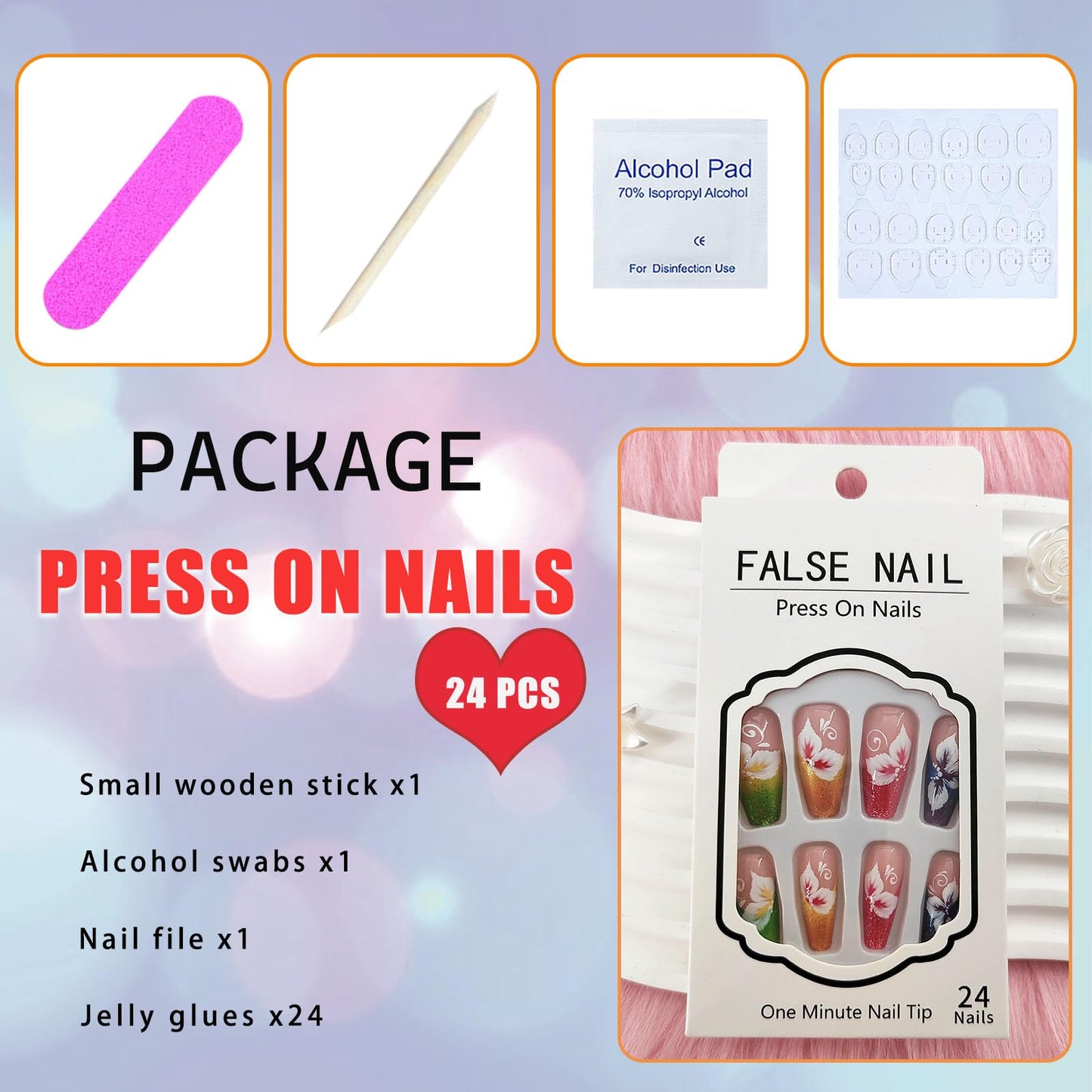 TUZANDW Coffin Press-on Nails with Glue - Flower Designs, Medium Length, Candy Colors, Glitter French Acrylic, Pink, Full Cover False Nails - 24 Pcs