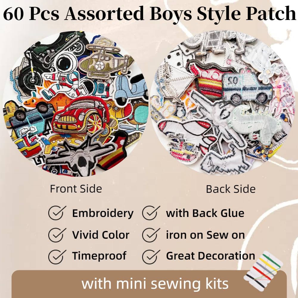 60 Pcs Random Assorted Preppy Boy's Iron on Embroidered Patches,Cute Aesthetic Boy Theme Car Dinosaur Ball Sew on Applique Patches for DIY Backpacks Pants Clothes Jeans Jackets Shirts Shoes