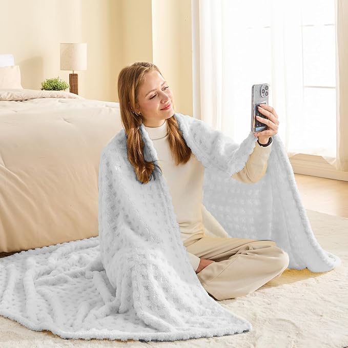 NEWCOSPLAY Super Soft Throw Blanket White Premium Silky Flannel Fleece 3D Waffle Checkered Lightweight Bed Blanket All Season Use (White, Throw(50"x70"))