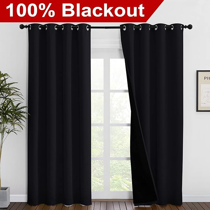NICETOWN High-End Thermal Curtains, Full Blackout Curtains 86 inches Long for Dining Room, Soundproof Window Treatment Drapes for Hall Room, Black, 55 inches Wide Per Panel, Set of 2 Panels