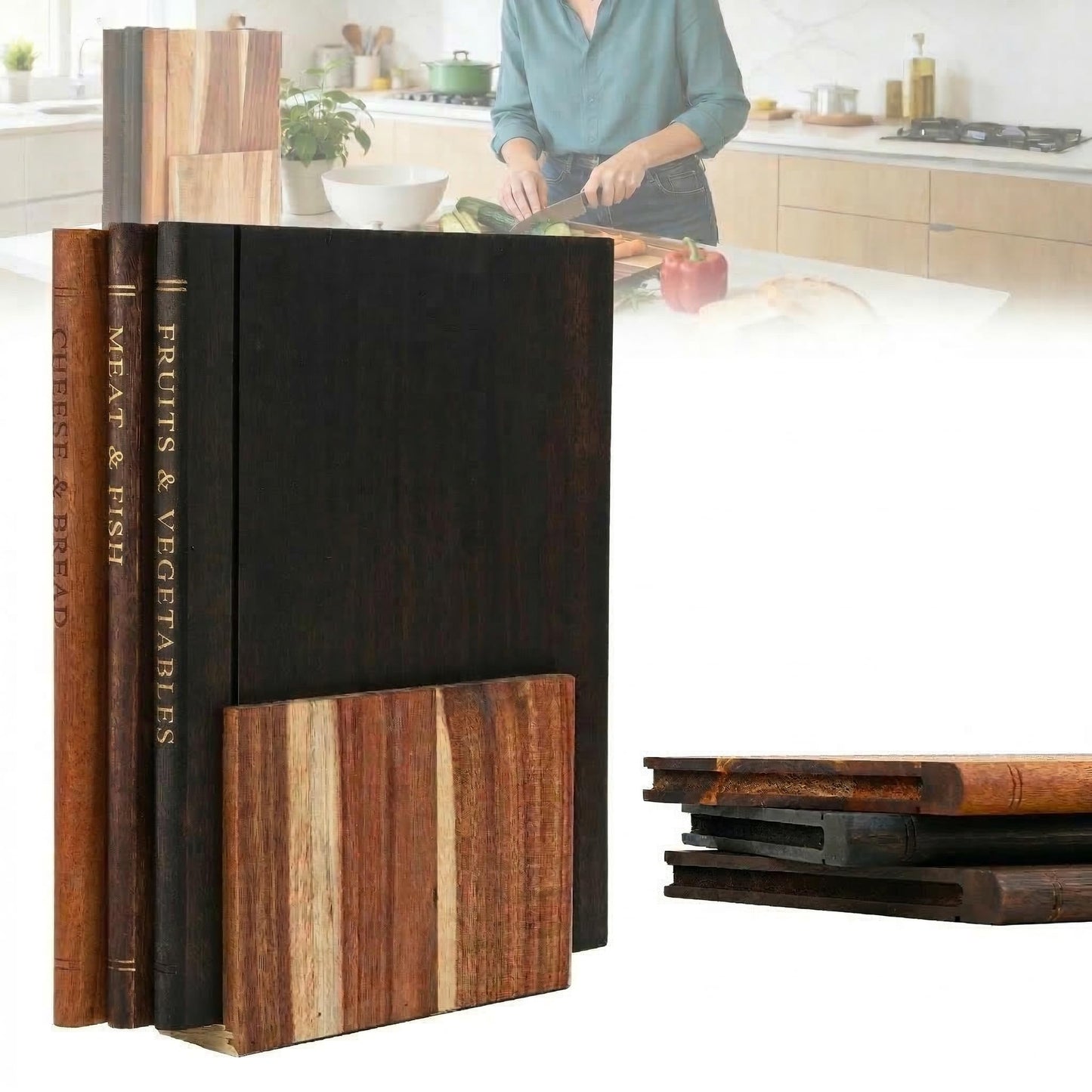 wood cutting board, 3-Piece Book Shaped Cutting Boards with Stand, Solid Walnut & Acacia Wood, Labeled Cheese & Fruit Boards, Kitchen Gift Idea