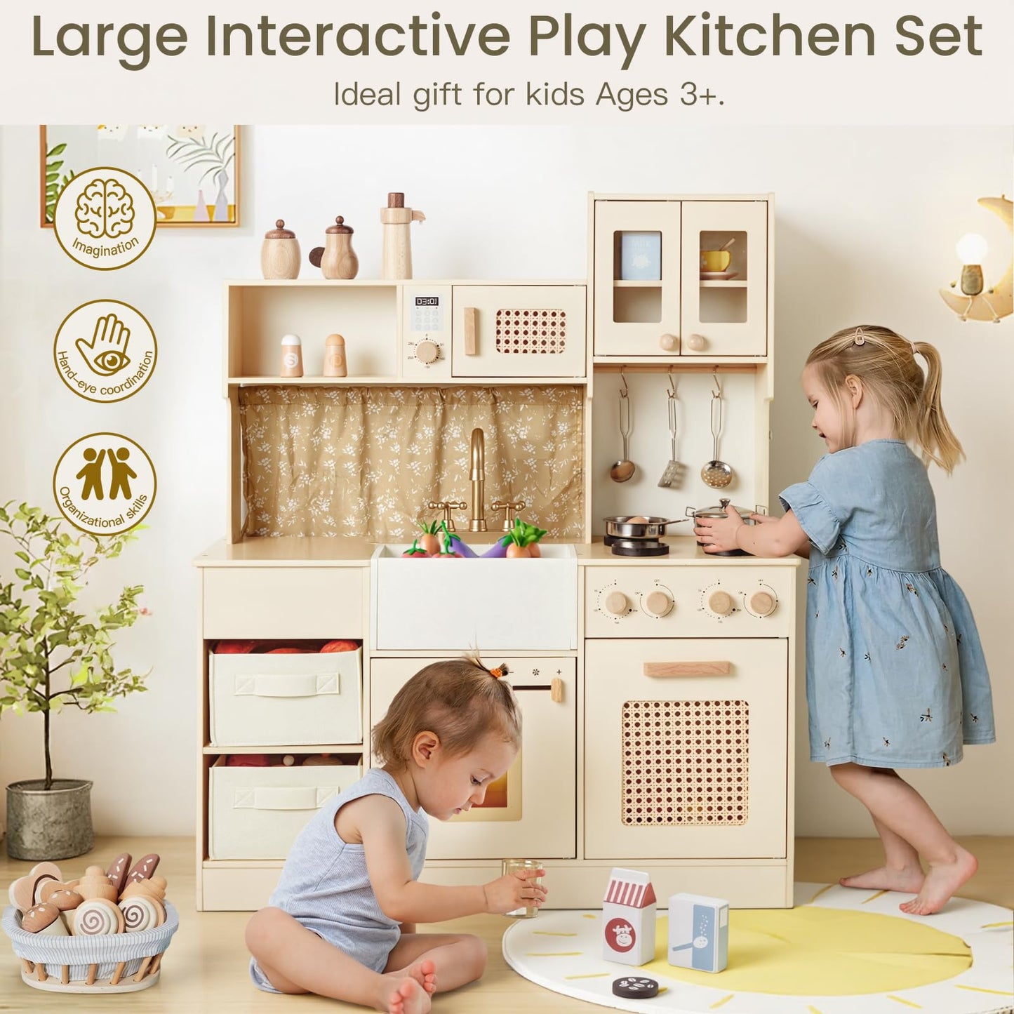labebe Play Kitchen for Kids Indoor Pretend Play, Wood Toy Set with 2 Storage Boxes, Stove, Sink, Ice Maker, Pots and Pans, Kitchen Set for Cooking Play