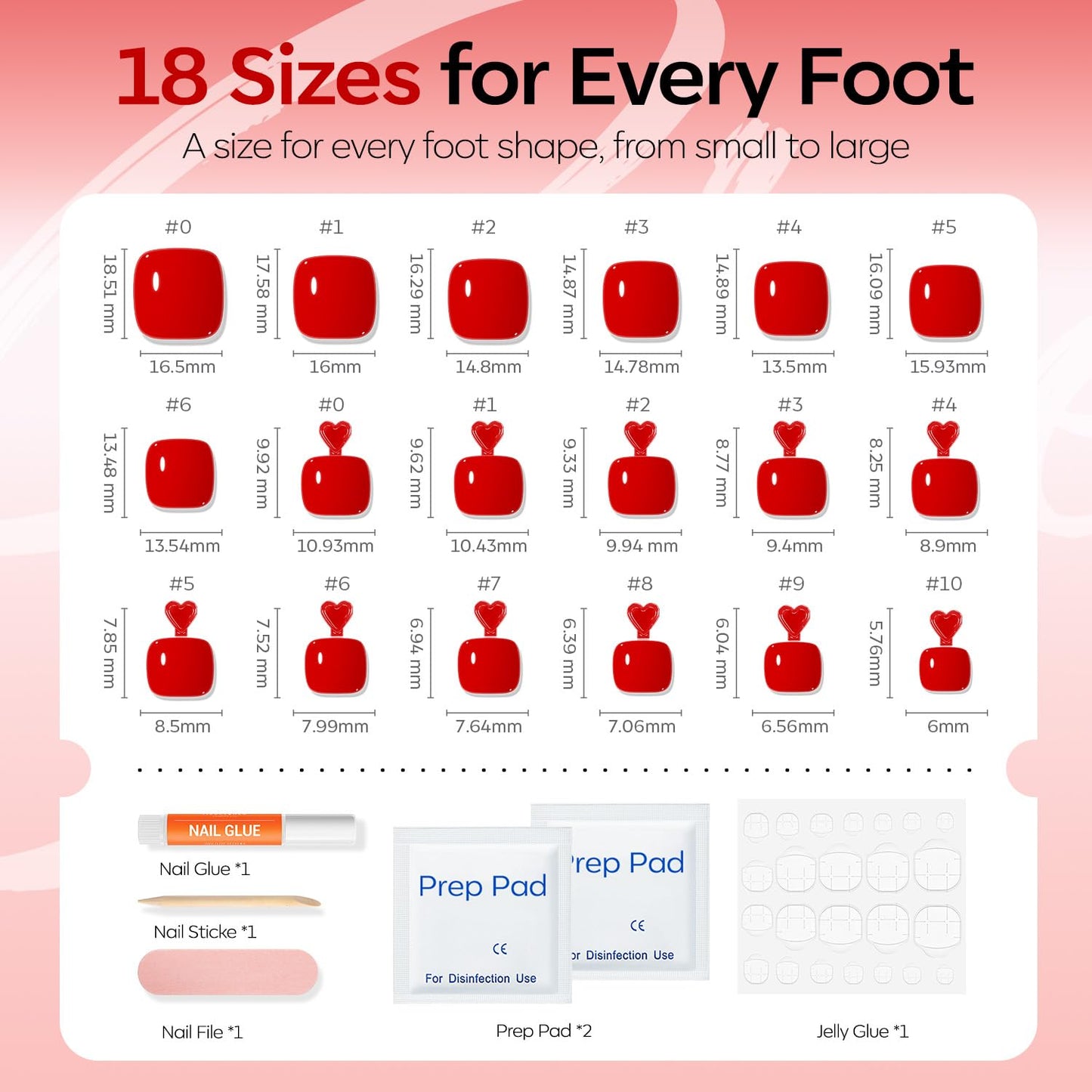 Modelones Press on Toenails Short, Red Toe Press on Nails Square, Reusable Nail Kit with Nail Glue Adhesive Tabs Mini Nail File, Toe Nails 36Pcs 18Sizes, Spring Summer Women Girl Gift