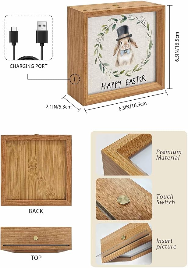Happy Easter Bunny Garland Wooden LED Night Light USB Rechargeable Dimmable Touch Table Light for Home Decor Eucalyptus Leaf Retro Linen Wood Picture Frame Box,6.5X6.5IN