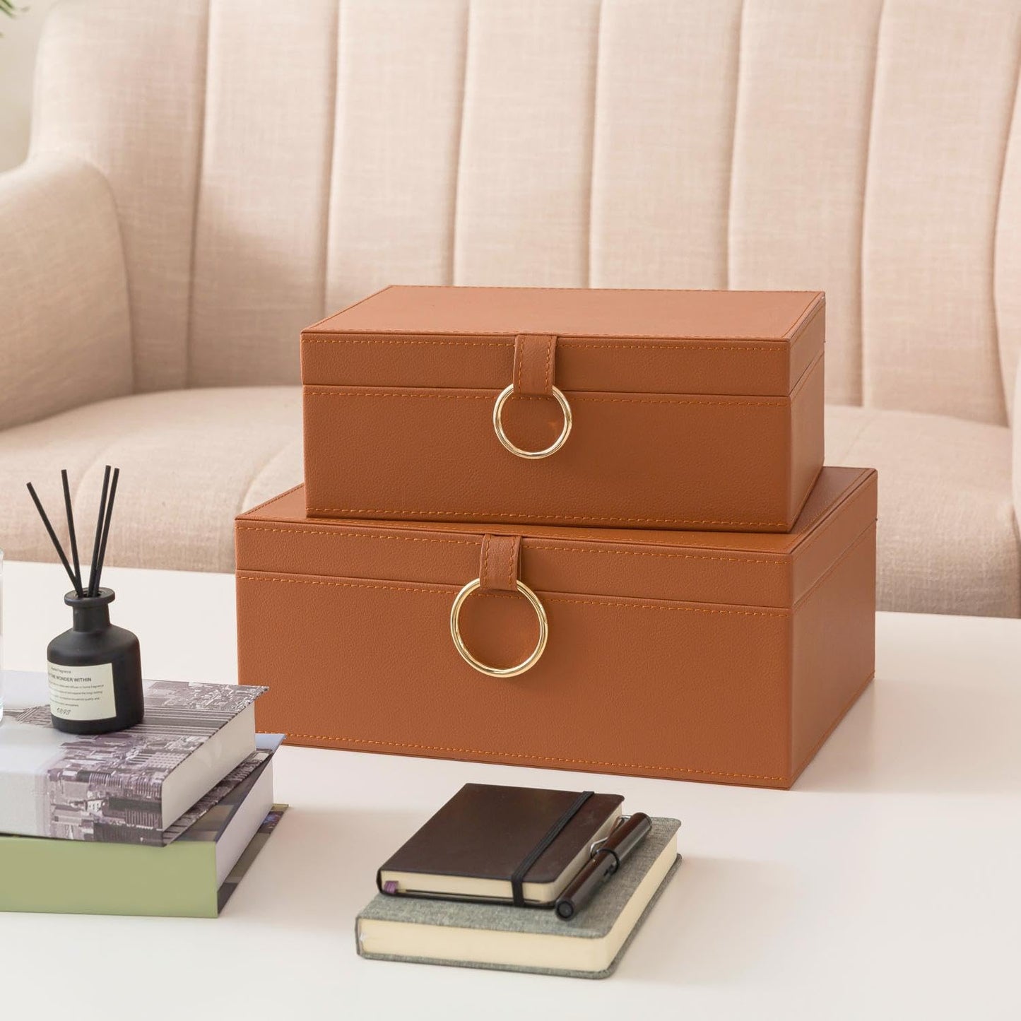 Soul & Lane Faux Leather Storage Box Set, 2 Decorative Boxes with Lids for Home Decor, Coffee Table and Living Room Shelf Organization, Remote Control Holder with Stacking Design, Warm Saddle Brown