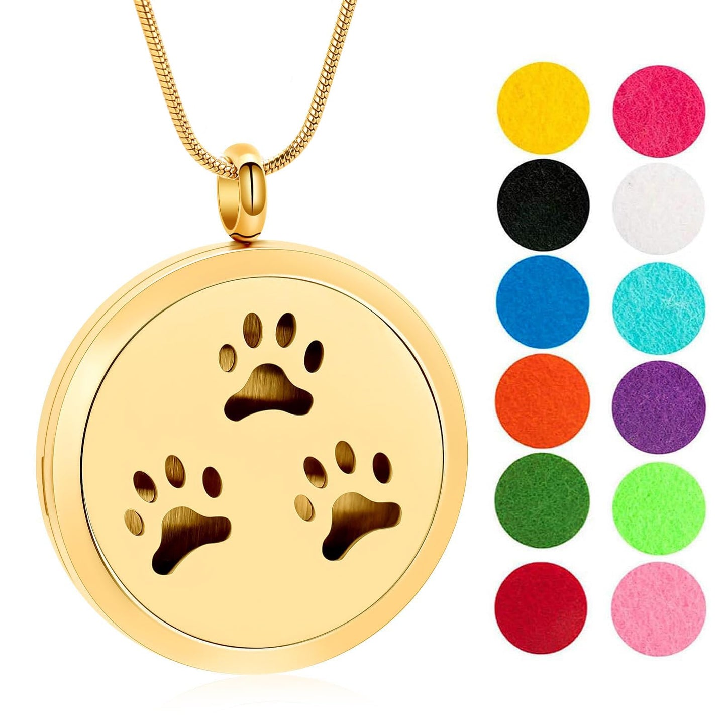Minicremation Stainless Steel Paw Print Round Perfume Essential Oil Diffuser Pendant Necklace Women Aromatherapy Essential Oil Diffuser Locket Pendant Necklace, with Refill Pads