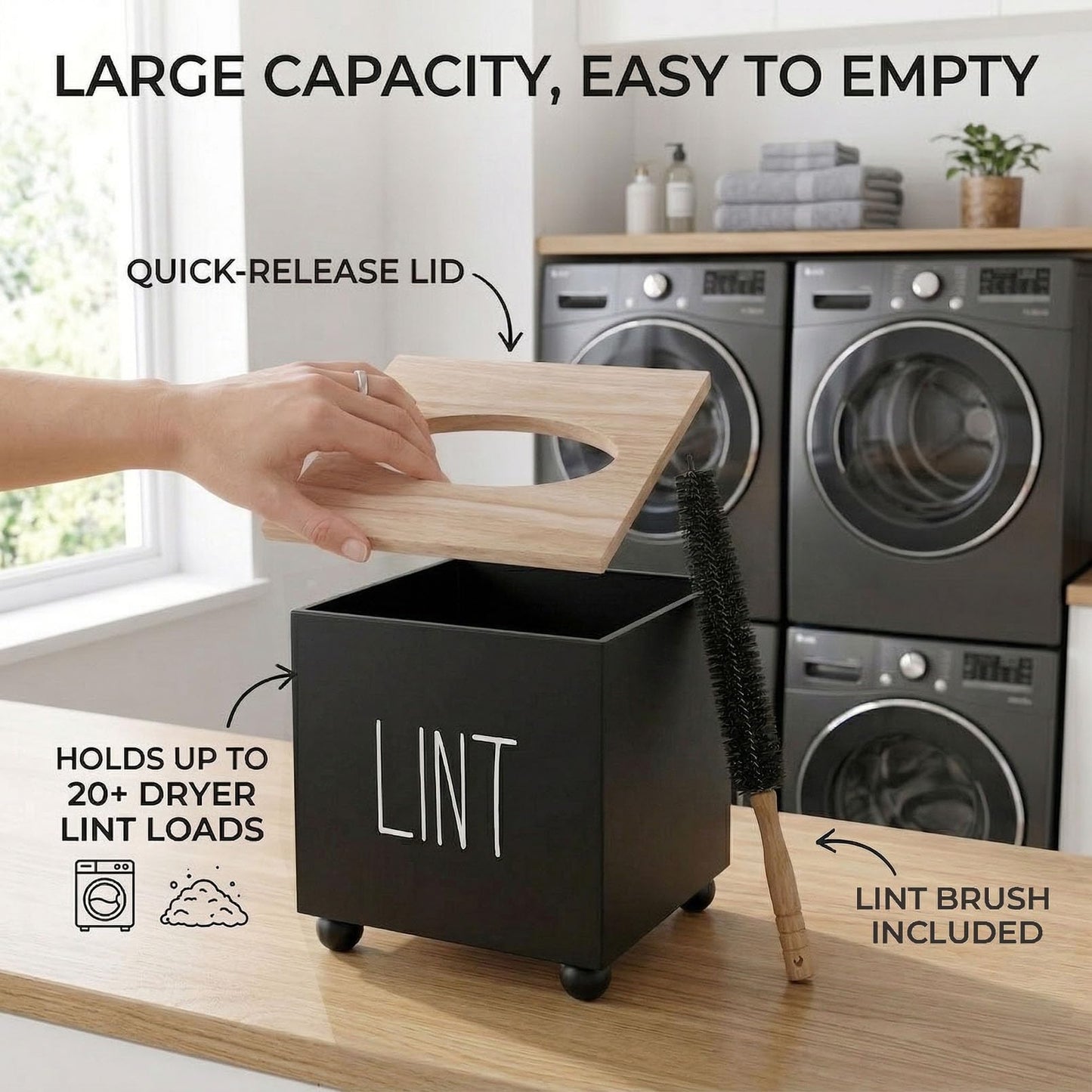 CHONIC Lint Bin for Laundry Room, Farmhouse Lint Box, Wooden Lint Holder with Lid, Lint Container for Laundry Room Decor, Dryer Lint Trash Can for Laundry Accessory Organization(Black)