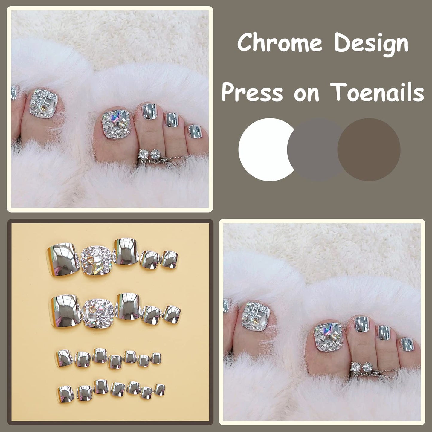 MISUD Press on Nails - Toe Glue on Nails with Silver Chrome, Acrylic Toenails Rhinestone Design 24 pcs