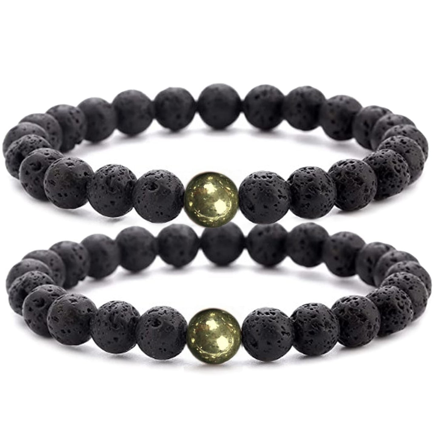 WFJ Black Lava Rock Pyrite Beads Natural Stone Bracelets Set of 2 Healing Crystal Energy Activation Chakra Reiki Elastic Stretcht Diffuser Yoga 8mm