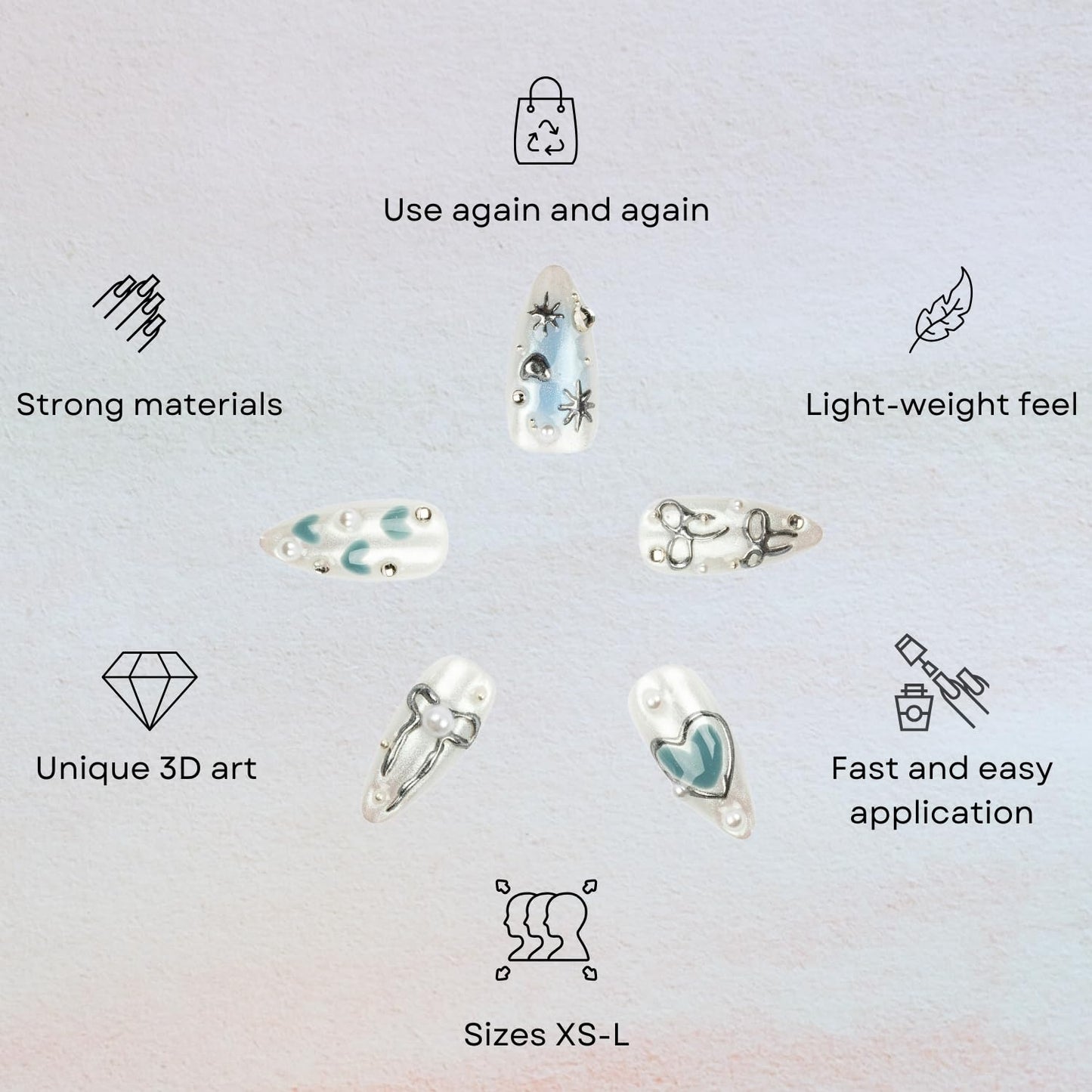 3H Luxury Handmade Press-On Nails Chrome Angel (White Silver, Medium), Reusable False Nails with Whimsical Accent, Gleaming Silver Chrome Finish