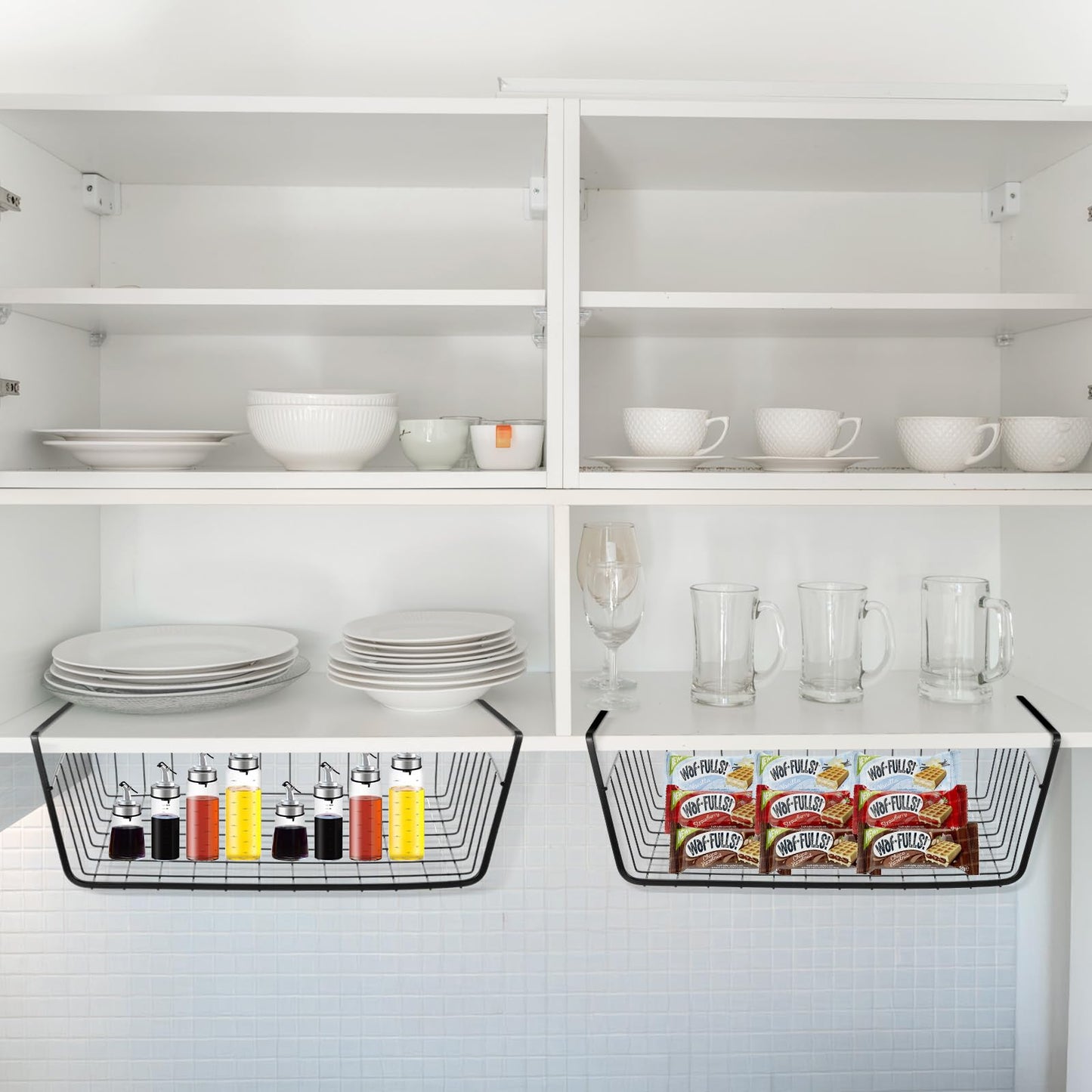 6 Pcs Undershelf Storage Basket Under Shelf Wire Basket Household Metal Under Shelf Hanging Storage Bin Basket Slides Under Shelves for Kitchen Pantry Bookshelf - 14.2" D x 9.1" W x 5.5" H, Black