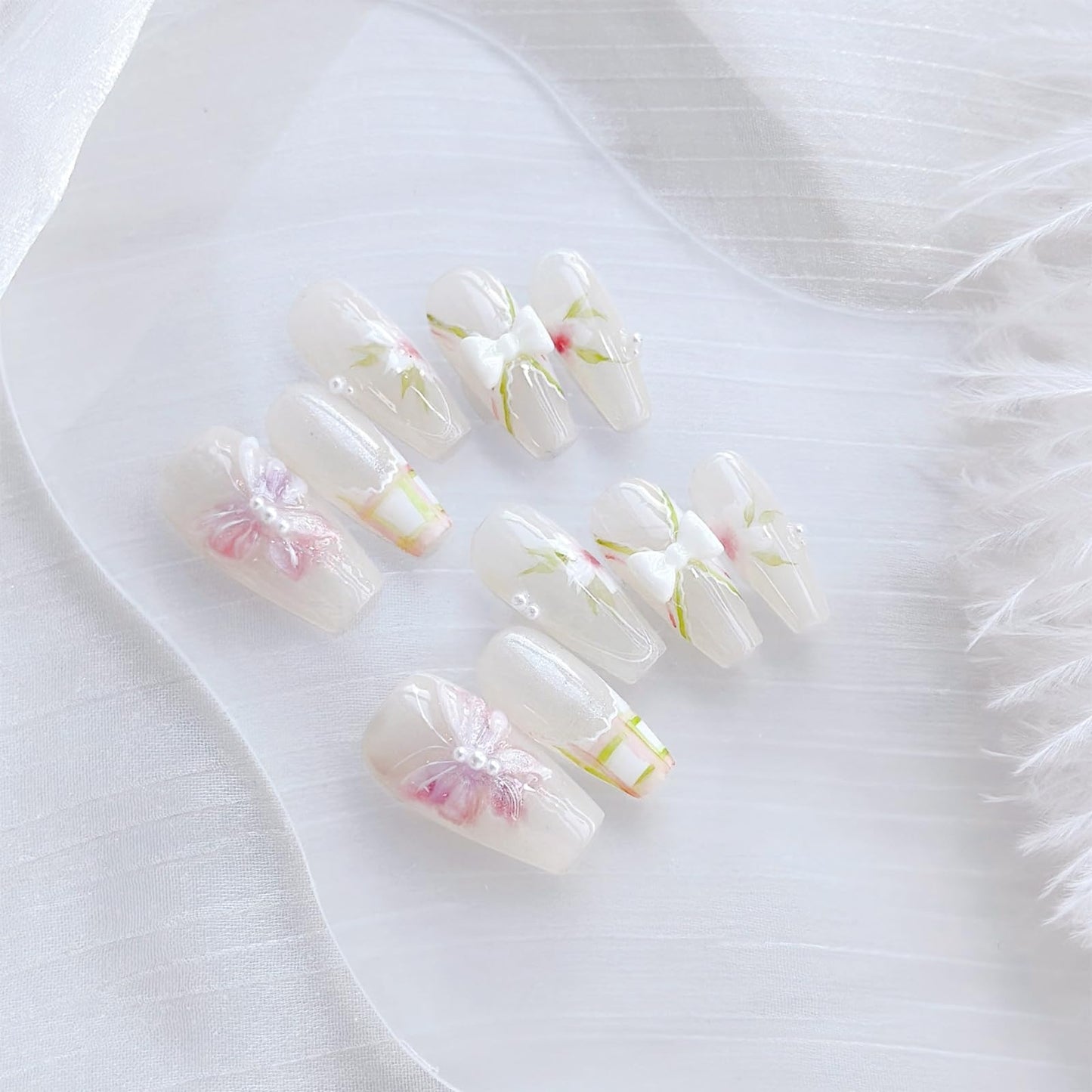 Larsooy Handmade Reusable False Nails | Medium Long Coffin Style with Butterflies and Flowers Pattern | 10 Pcs (Flower Field, M)