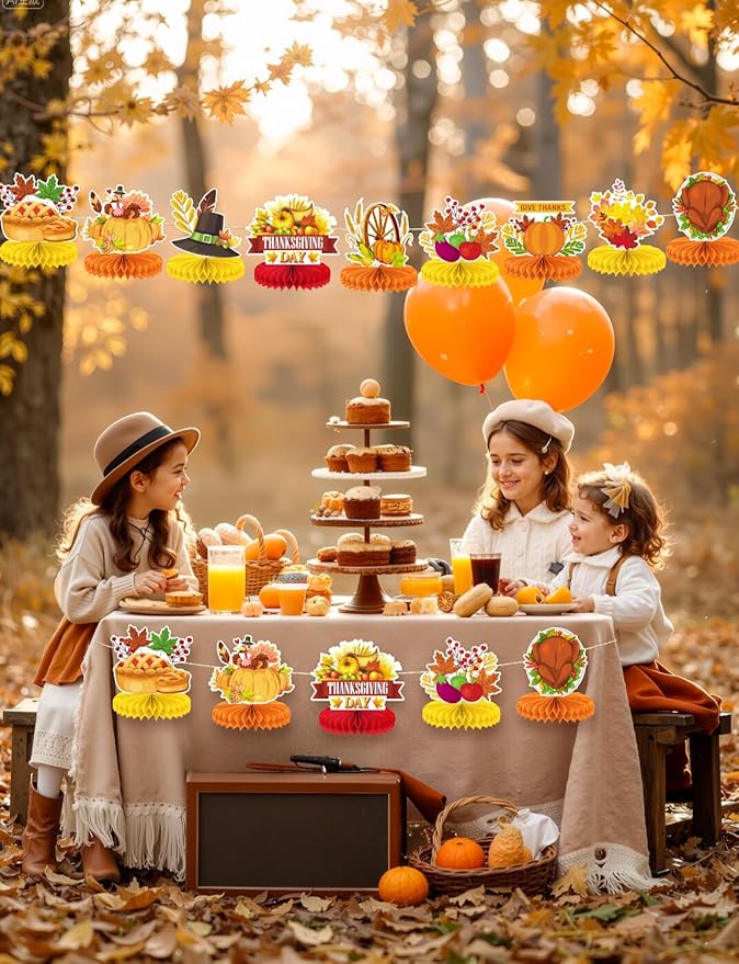 Thanksgiving Table Decorations - 9Pcs Fall Honeycomb Centerpieces for Tables with Pumpkins, Sunflowers, Scarecrow, Squirrel for Thanksgiving Dinner, Autumn Harvest Festival, Rustic Fall Party Decor